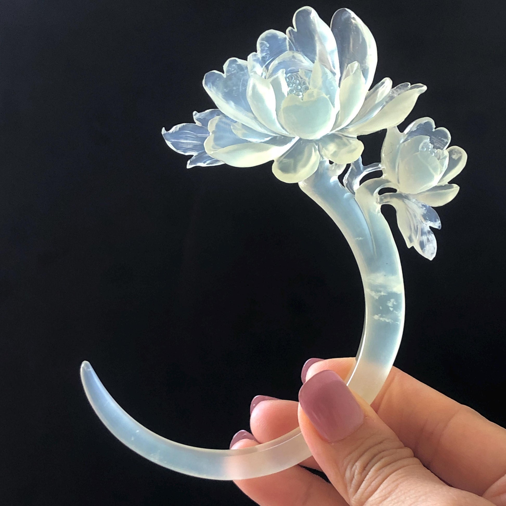 Xiu Jade Serpentine Hand Carved Peony Flower Hair Pin | Certified Natural Ice White Jade Crescent Moon Hair Stick | Handcrafted Hair Fork Bridal Wedding Headpiece gift for her japanese hairpin korean hair stick chinese hair fork vintage hair comb antique hair pins hanfu hair stick bridal shower hair jewelry wedding headpiece bridal shower gift engagement hair accessory jade carving hand engraved jade hand carved flower jade hairpins untreated natural jade certificate handcraft jade moon hairpin