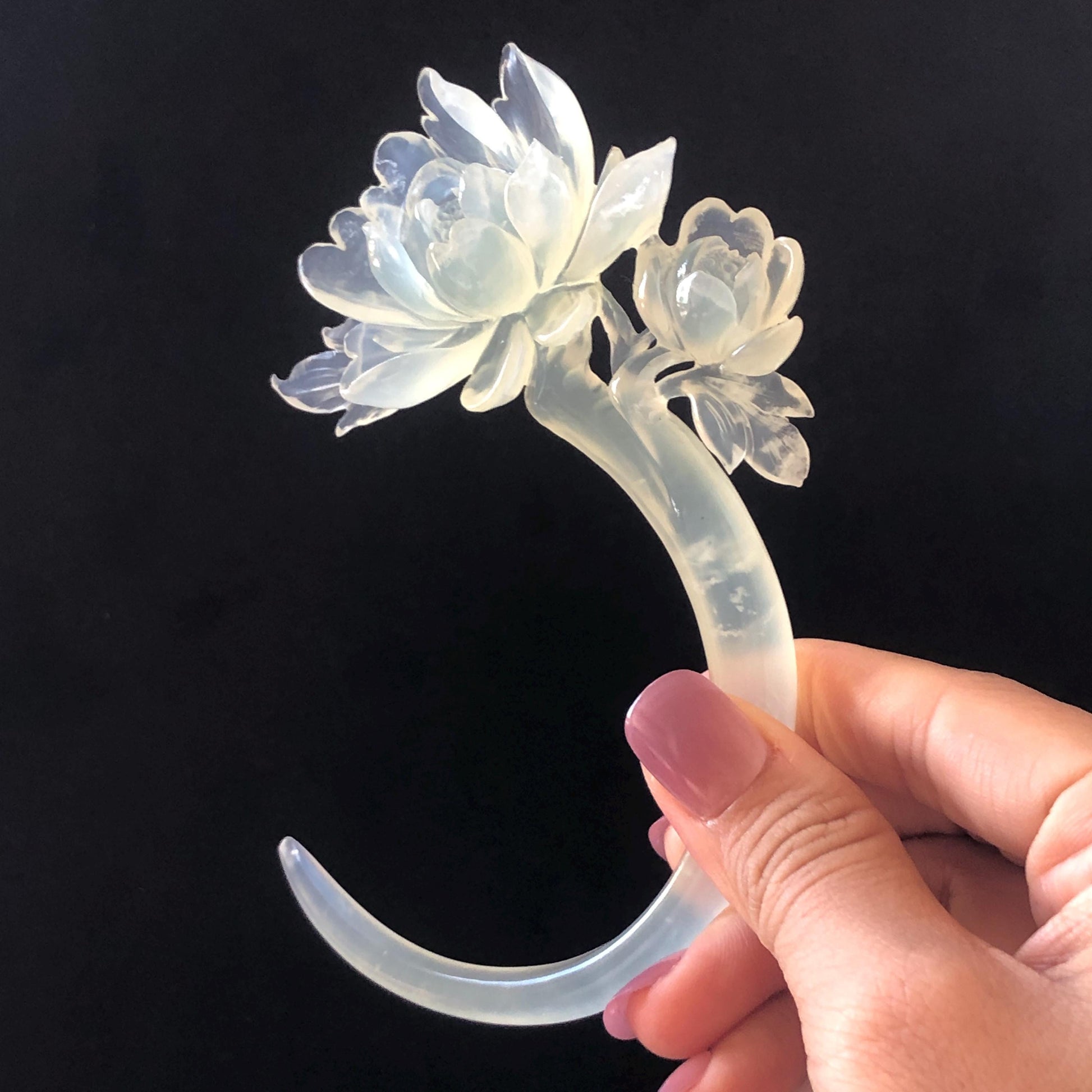 Xiu Jade Serpentine Hand Carved Peony Flower Hair Pin | Certified Natural Ice White Jade Crescent Moon Hair Stick | Handcrafted Hair Fork Bridal Wedding Headpiece gift for her japanese hairpin korean hair stick chinese hair fork vintage hair comb antique hair pins hanfu hair stick bridal shower hair jewelry wedding headpiece bridal shower gift engagement hair accessory jade carving hand engraved jade hand carved flower jade hairpins untreated natural jade certificate handcraft jade moon hairpin