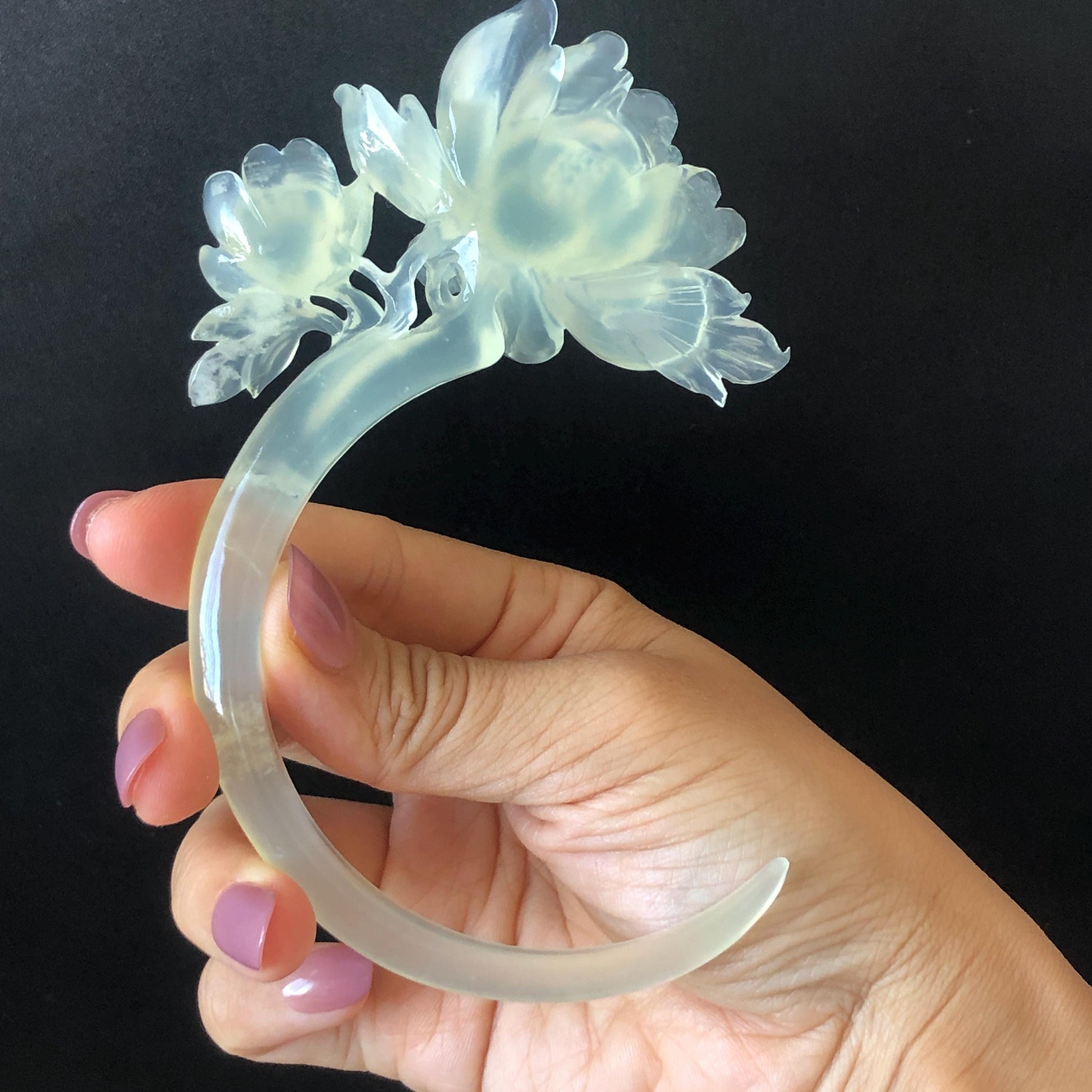 Xiu Jade Serpentine Hand Carved Peony Flower Hair Pin | Certified Natural Ice White Jade Crescent Moon Hair Stick | Handcrafted Hair Fork Bridal Wedding Headpiece gift for her japanese hairpin korean hair stick chinese hair fork vintage hair comb antique hair pins hanfu hair stick bridal shower hair jewelry wedding headpiece bridal shower gift engagement hair accessory jade carving hand engraved jade hand carved flower jade hairpins untreated natural jade certificate handcraft jade moon hairpin