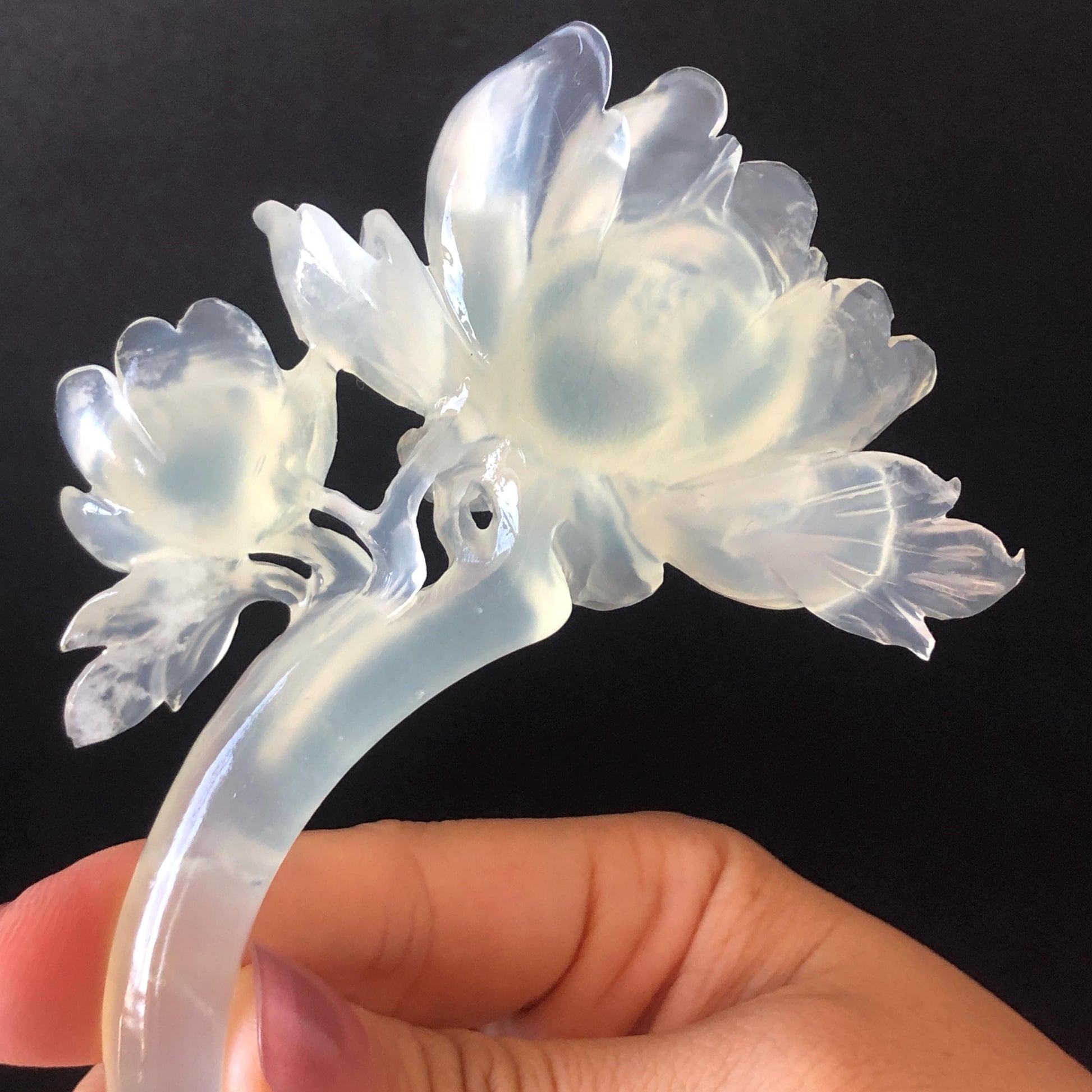 Xiu Jade Serpentine Hand Carved Peony Flower Hair Pin | Certified Natural Ice White Jade Crescent Moon Hair Stick | Handcrafted Hair Fork Bridal Wedding Headpiece gift for her japanese hairpin korean hair stick chinese hair fork vintage hair comb antique hair pins hanfu hair stick bridal shower hair jewelry wedding headpiece bridal shower gift engagement hair accessory jade carving hand engraved jade hand carved flower jade hairpins untreated natural jade certificate handcraft jade moon hairpin