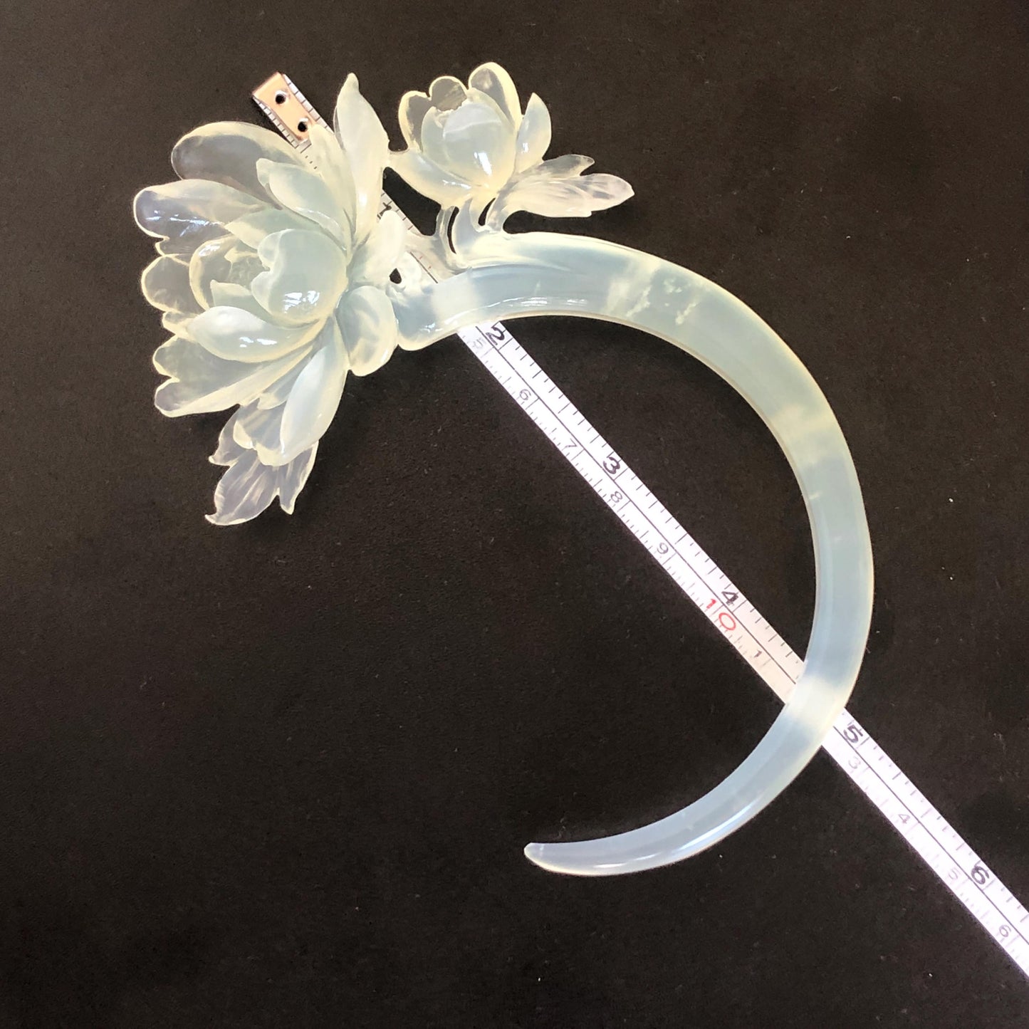 Xiu Jade Serpentine Hand Carved Peony Flower Hair Pin | Certified Natural Ice White Jade Crescent Moon Hair Stick | Handcrafted Hair Fork Bridal Wedding Headpiece gift for her japanese hairpin korean hair stick chinese hair fork vintage hair comb antique hair pins hanfu hair stick bridal shower hair jewelry wedding headpiece bridal shower gift engagement hair accessory jade carving hand engraved jade hand carved flower jade hairpins untreated natural jade certificate handcraft jade moon hairpin