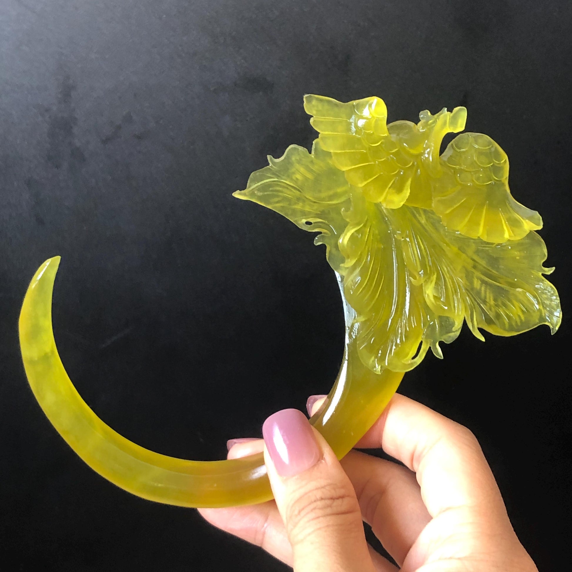 Xiu Jade Serpentine Hand Carved Phoenix Hair Pin: Natural Untreated Golden Yellow Jade Crescent Moon Hair Stick, Asian Vintage Hair Fork hair clip Asian Chinese Jade hair comb japanese hairpins koran hair stick hanfu hair pin hair comb hair fork antique hair stick certified jade carving hand carved yellow jade hand engraved jade gift for her bridal shower hair clip wedding hair jewelry half moon hair pins handcrafted jade hair stick phoenix carving fox lover gift