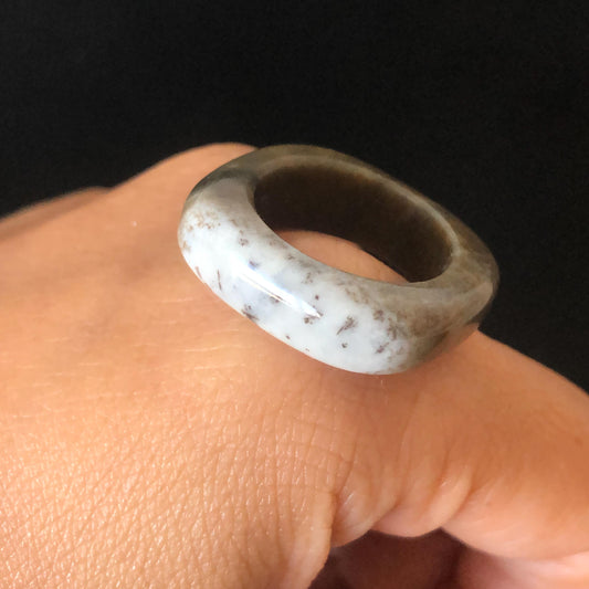Natural Nephrite Jade Band Ring | US 6.5 | Untreated White Jade & Brown Jade Ring | Oreo Cookie Style | Women Statement Ring Stackable Ring gift for her untreated jade stackable ring cocktail ring for men square ring vintage ring chinese jade stone ring thumb ring ring pendant brown jade ring white jade ring pinky ring