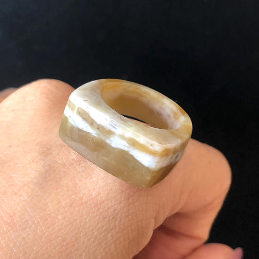 Natural Nephrite Jade Band Ring | US 6.5 | Untreated White Jade & Brown Jade Pinky Ring | Milk Coffee Latte | Women Statement Ring gift for her untreated jade stackable ring cocktail ring for men square ring vintage ring chinese jade stone ring thumb ring ring pendant brown jade ring white jade ring