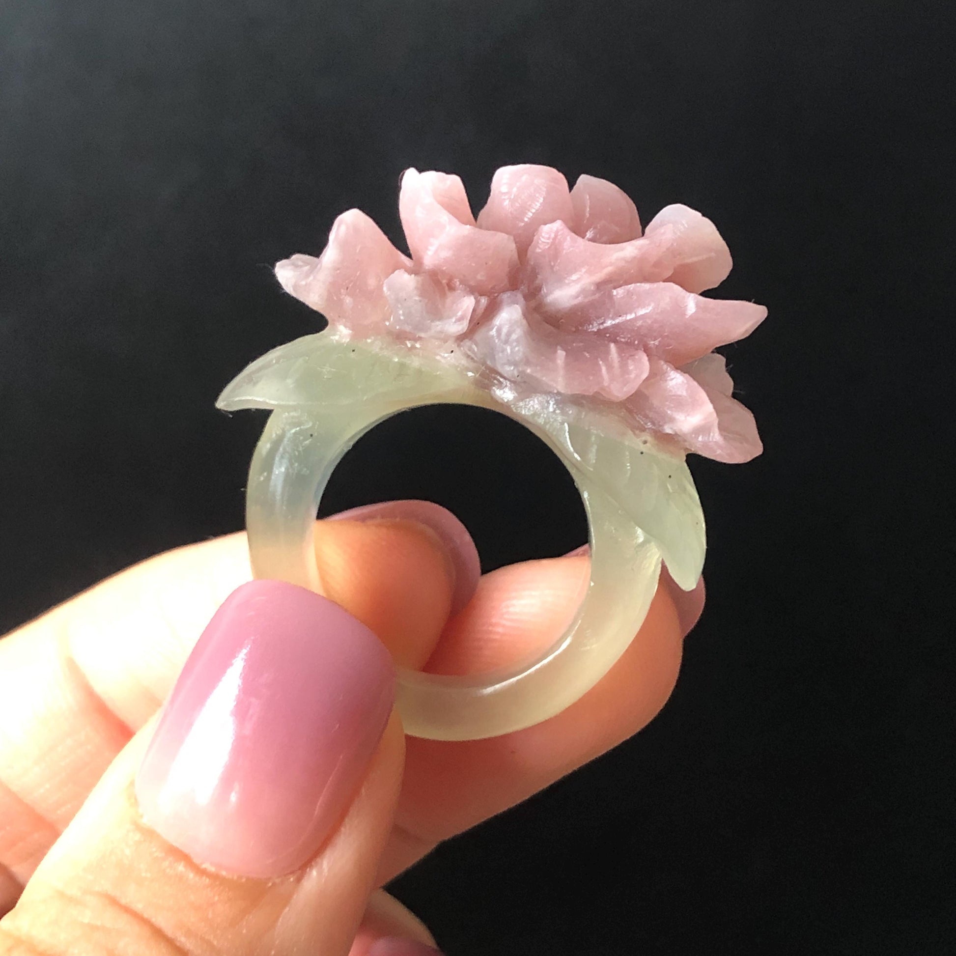Custom Size! Xiu Jade Serpentine Hand Carved Peony Flower Statement Ring | Green & Pink Jade Ring Pendant | 3D Stone Carving | Handcrafted Crystal Gemstone Gift Gift black jade carving pink jade carbonate jade ring hand carved jade band ring bird carving flower carving plum blossom natural jade band ring cocktail ring gift for her ring for women make to order ring big size ring small size ring personalized ring customised ring flower ring flower carving green jade pink jade