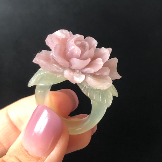 Custom Size! Xiu Jade Serpentine Hand Carved Peony Flower Statement Ring | Green & Pink Jade Ring Pendant | 3D Stone Carving | Handcrafted Crystal Gemstone Gift Gift black jade carving pink jade carbonate jade ring hand carved jade band ring bird carving flower carving plum blossom natural jade band ring cocktail ring gift for her ring for women make to order ring big size ring small size ring personalized ring customised ring flower ring flower carving green jade pink jade