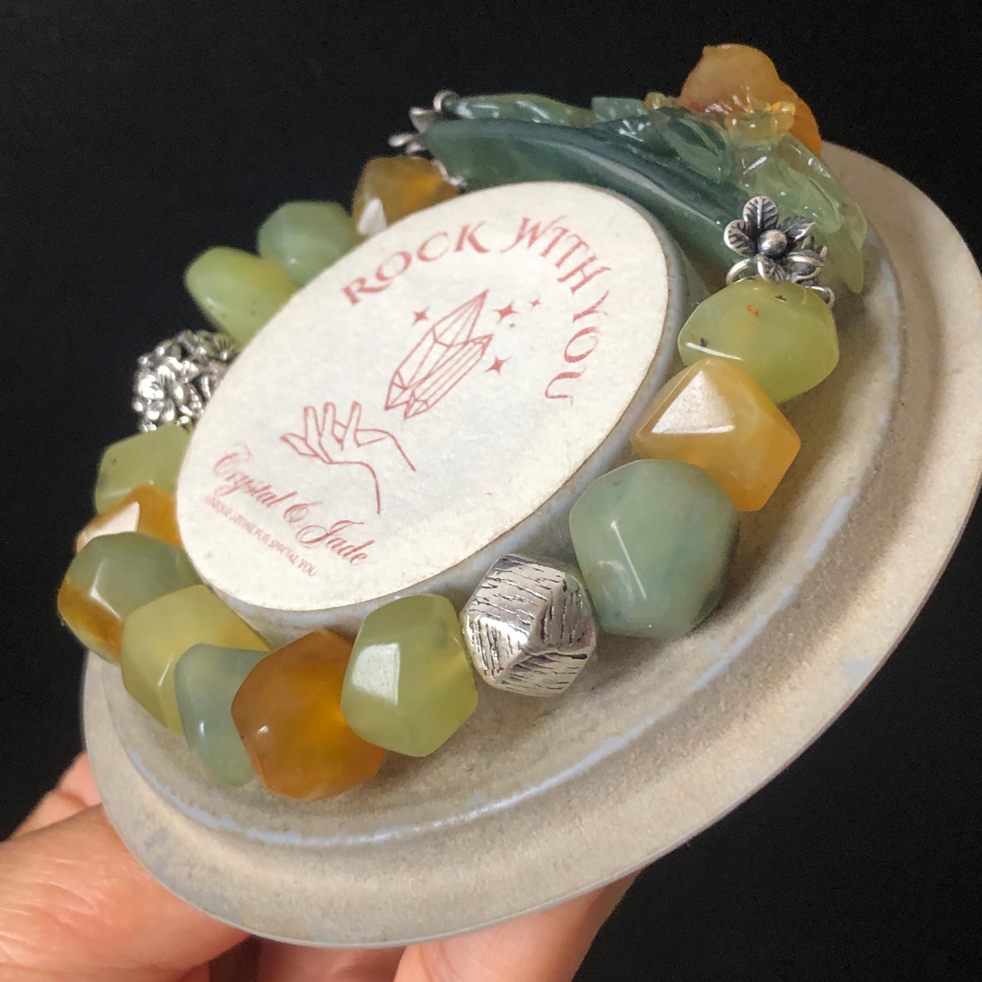Natural Xiu Jade Serpentine Hand Carved Bird Bamboo Flower Charm with Irregular Bead Bracelet | Yellow & Green Jade | Vintage Tibetan Silver Accessory | Handcrafted Crystal Stone Gemstone Gift for her bracelet jade carving hand engraved green jade yellow jade hand engraved jade bracelet hand carved jade charm engraved jade pendant irregular bead bracelet elastic stretch bracelet silver accessory vintage bracelet antique bracelet bird carving bamboo carving flower carving personalized bracelet