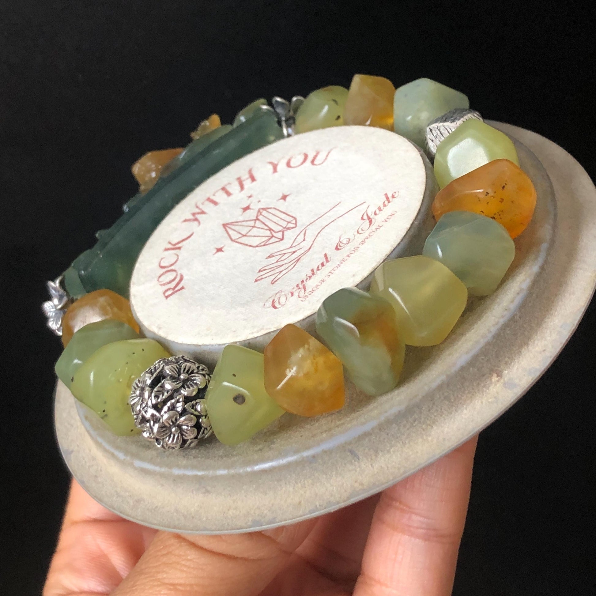 Natural Xiu Jade Serpentine Hand Carved Bird Bamboo Flower Charm with Irregular Bead Bracelet | Yellow & Green Jade | Vintage Tibetan Silver Accessory | Handcrafted Crystal Stone Gemstone Gift for her bracelet jade carving hand engraved green jade yellow jade hand engraved jade bracelet hand carved jade charm engraved jade pendant irregular bead bracelet elastic stretch bracelet silver accessory vintage bracelet antique bracelet bird carving bamboo carving flower carving personalized bracelet