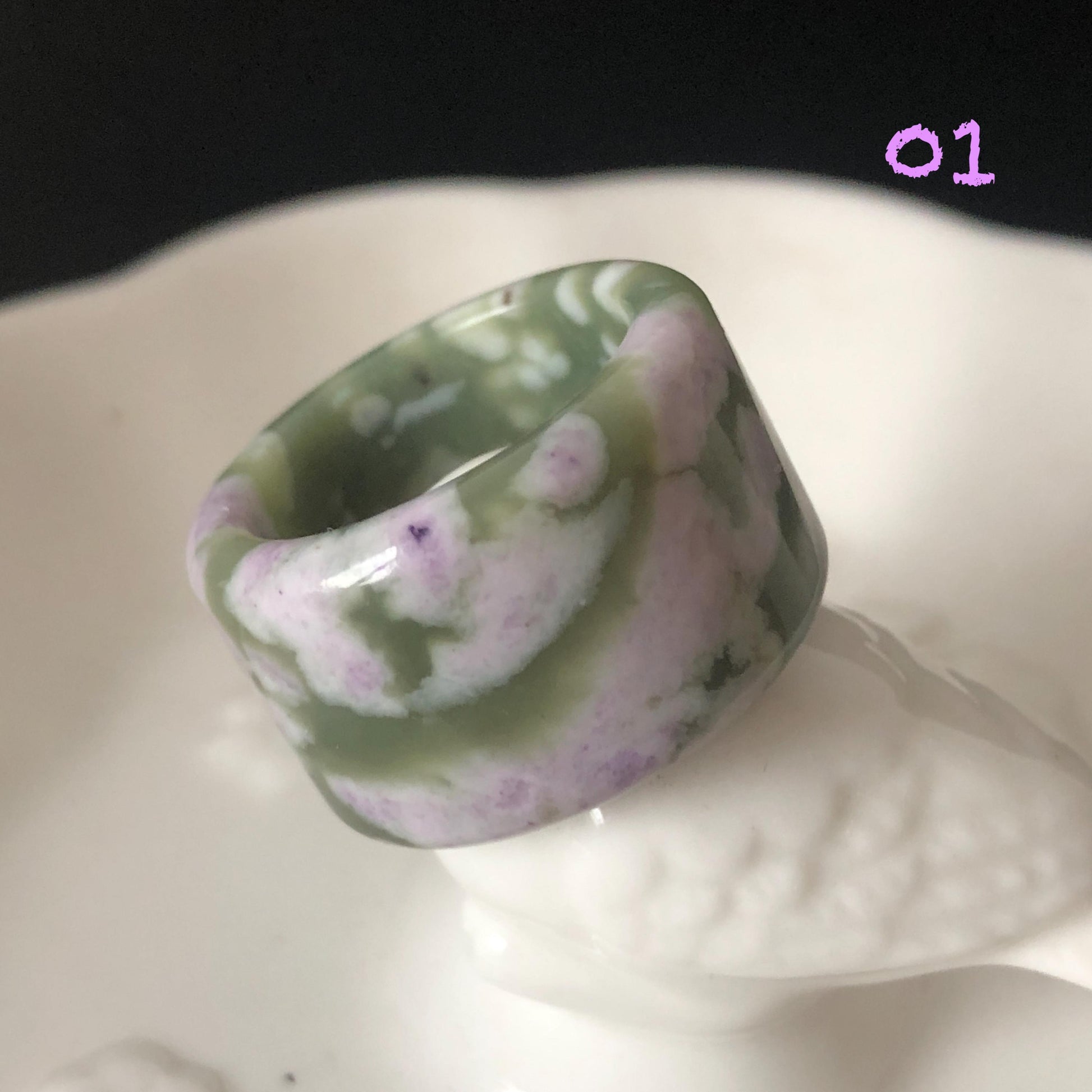 Natural Nephrite Jade Wide Band Ring | Green Jade with White & Purple Flower Pattern Thumb Ring | Wisteria Flowers | US 6.5-7.25 | White Jade Purple Jade flower statement ring for women ring pendant cocktail ring chinese jade ring vintage ring antique ring gift for her stone ring gemstone ring crystal ring