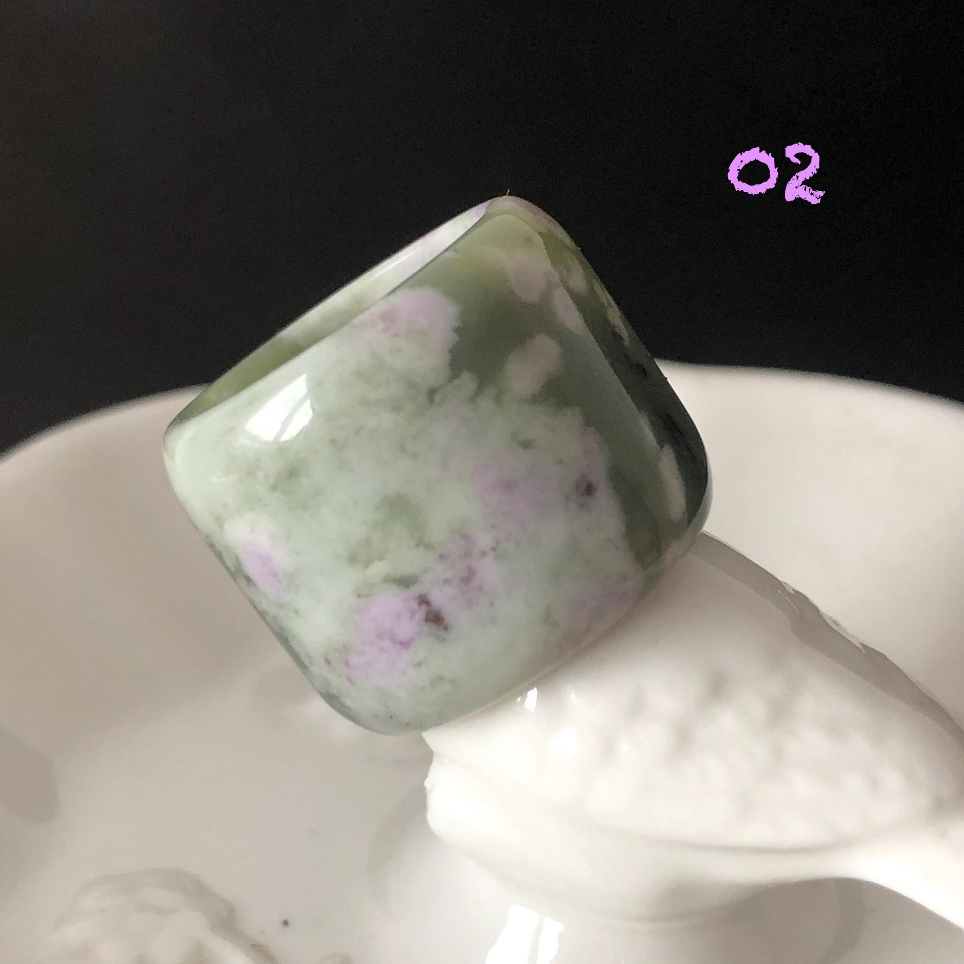 Natural Nephrite Jade Wide Band Ring | Green Jade with White & Purple Flower Pattern Thumb Ring | Wisteria Flowers | US 6.5-7.25 | White Jade Purple Jade flower statement ring for women ring pendant cocktail ring chinese jade ring vintage ring antique ring gift for her stone ring gemstone ring crystal ring