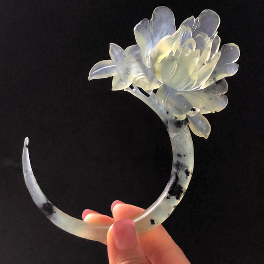 Xiu Jade Serpentine Hand Carved Peony Flower Hair Pin: Certified Natural Ice Green Jade Crescent Moon Hair Stick | Handcrafted Hair Fork Bridal Wedding Headpiece gift for her japanese hairpin korean hair stick chinese hair fork vintage hair comb antique hair pins hanfu hair stick bridal shower hair jewelry wedding headpiece bridal shower gift engagement hair accessory jade carving hand engraved jade hand carved flower jade hairpins untreated natural jade certificate handcraft jade moon hairpin