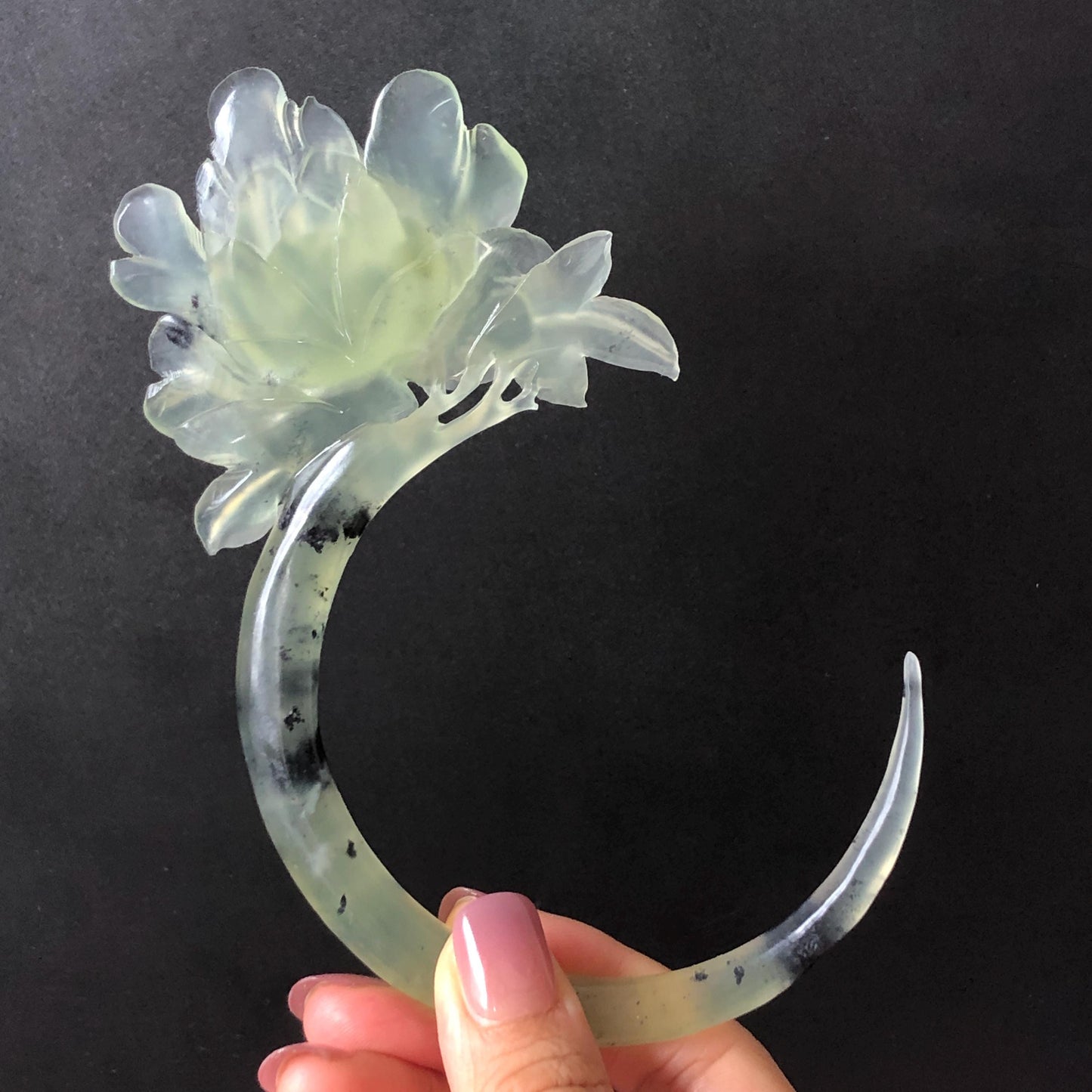 Xiu Jade Serpentine Hand Carved Peony Flower Hair Pin: Certified Natural Ice Green Jade Crescent Moon Hair Stick | Handcrafted Hair Fork Bridal Wedding Headpiece gift for her japanese hairpin korean hair stick chinese hair fork vintage hair comb antique hair pins hanfu hair stick bridal shower hair jewelry wedding headpiece bridal shower gift engagement hair accessory jade carving hand engraved jade hand carved flower jade hairpins untreated natural jade certificate handcraft jade moon hairpin