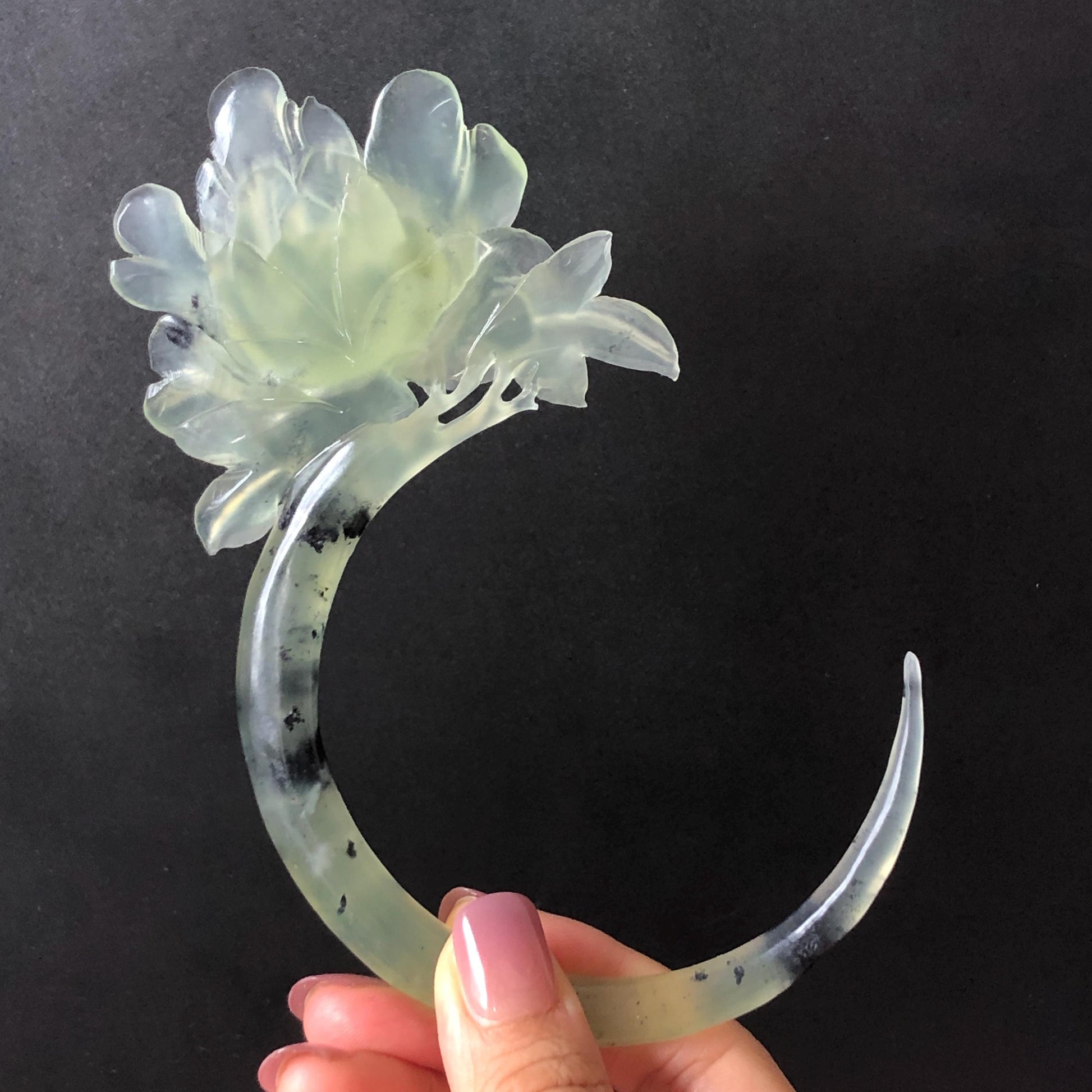 Xiu Jade Serpentine Hand Carved Peony Flower Hair Pin: Certified Natural Ice Green Jade Crescent Moon Hair Stick | Handcrafted Hair Fork Bridal Wedding Headpiece gift for her japanese hairpin korean hair stick chinese hair fork vintage hair comb antique hair pins hanfu hair stick bridal shower hair jewelry wedding headpiece bridal shower gift engagement hair accessory jade carving hand engraved jade hand carved flower jade hairpins untreated natural jade certificate handcraft jade moon hairpin