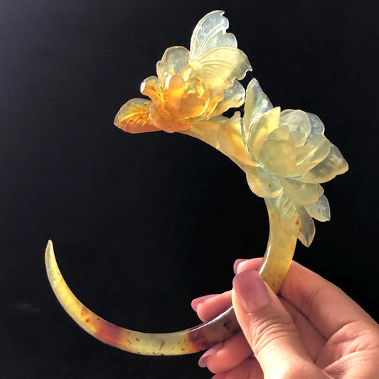 Xiu Jade Serpentine Hand Carved Camellia Flowers & Butterfly Hair Pin: Certified Natural Ice Orange Caramel Yellow Jade Crescent Moon Hair Stick, Hanfu Hair Fork Vintage Bridal Hair Fork Gift for her japanese hairpin korean hair stick chinese hair fork hair comb antique hanfu hair stick bridal shower hair jewelry wedding headpiece bridal shower gift engagement hair accessory jade carving hand engraved jade lotus carving jade hairpins untreated natural jade with certificate butterfly carving