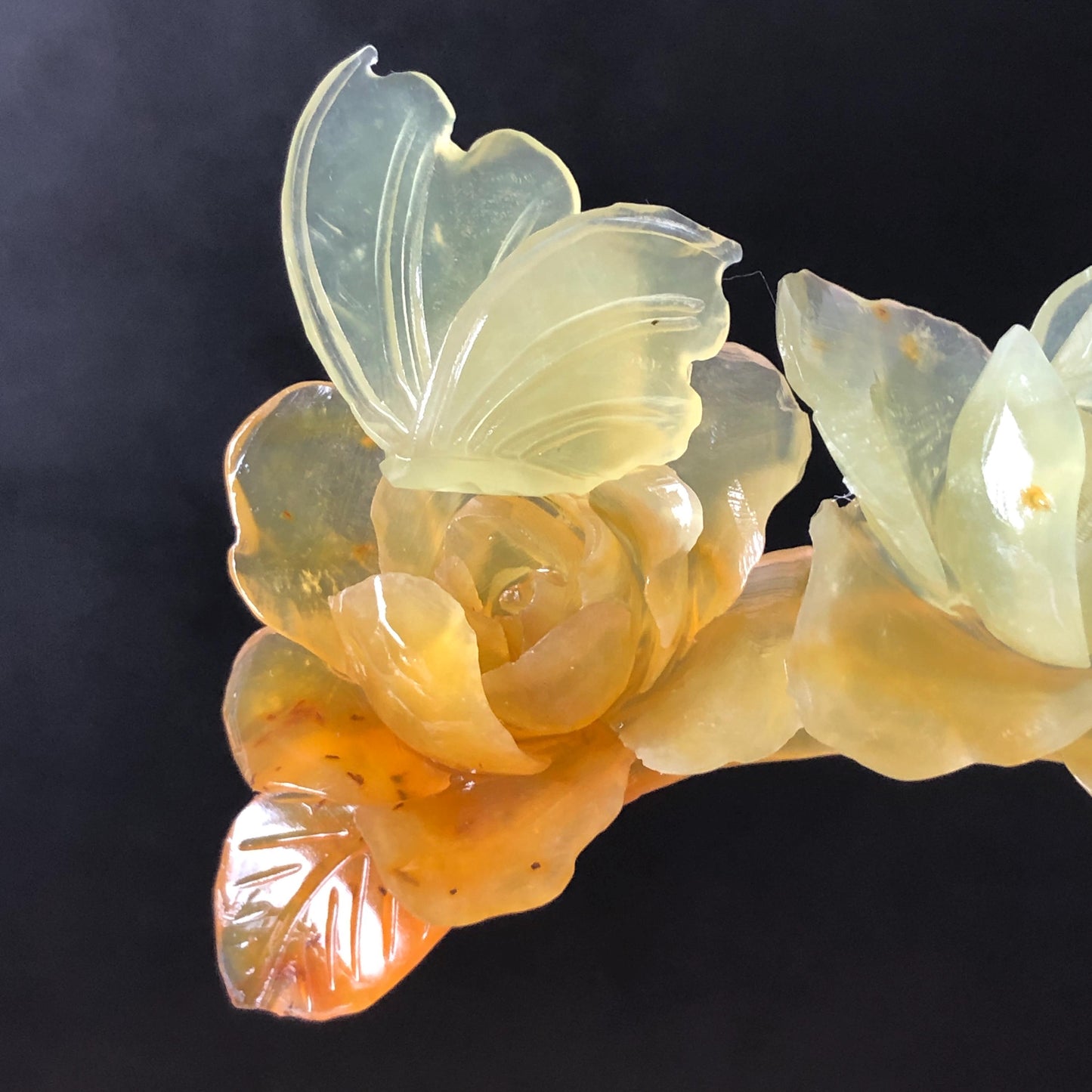 Xiu Jade Serpentine Hand Carved Camellia Flowers & Butterfly Hair Pin: Certified Natural Ice Orange Caramel Yellow Jade Crescent Moon Hair Stick, Hanfu Hair Fork Vintage Bridal Hair Fork Gift for her japanese hairpin korean hair stick chinese hair fork hair comb antique hanfu hair stick bridal shower hair jewelry wedding headpiece bridal shower gift engagement hair accessory jade carving hand engraved jade lotus carving jade hairpins untreated natural jade with certificate butterfly carving