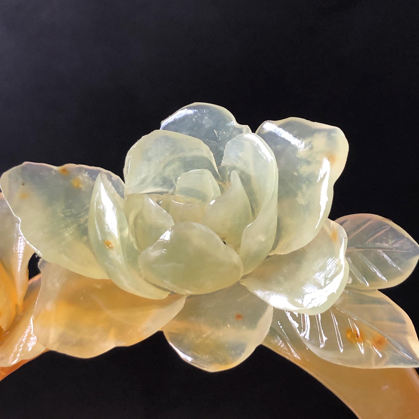 Xiu Jade Serpentine Hand Carved Camellia Flowers & Butterfly Hair Pin: Certified Natural Ice Orange Caramel Yellow Jade Crescent Moon Hair Stick, Hanfu Hair Fork Vintage Bridal Hair Fork Gift for her japanese hairpin korean hair stick chinese hair fork hair comb antique hanfu hair stick bridal shower hair jewelry wedding headpiece bridal shower gift engagement hair accessory jade carving hand engraved jade lotus carving jade hairpins untreated natural jade with certificate butterfly carving