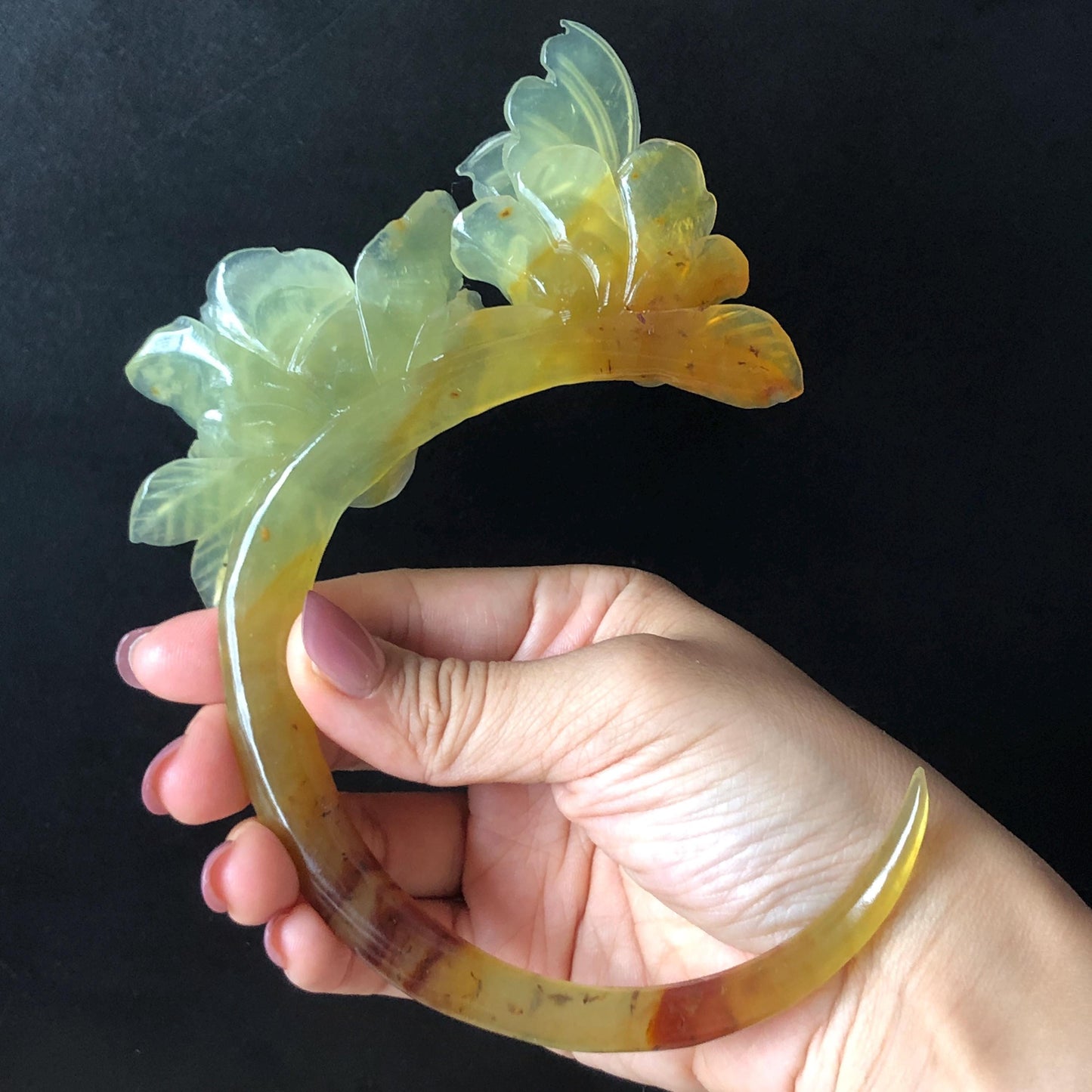 Xiu Jade Serpentine Hand Carved Camellia Flowers & Butterfly Hair Pin: Certified Natural Ice Orange Caramel Yellow Jade Crescent Moon Hair Stick, Hanfu Hair Fork Vintage Bridal Hair Fork Gift for her japanese hairpin korean hair stick chinese hair fork hair comb antique hanfu hair stick bridal shower hair jewelry wedding headpiece bridal shower gift engagement hair accessory jade carving hand engraved jade lotus carving jade hairpins untreated natural jade with certificate butterfly carving