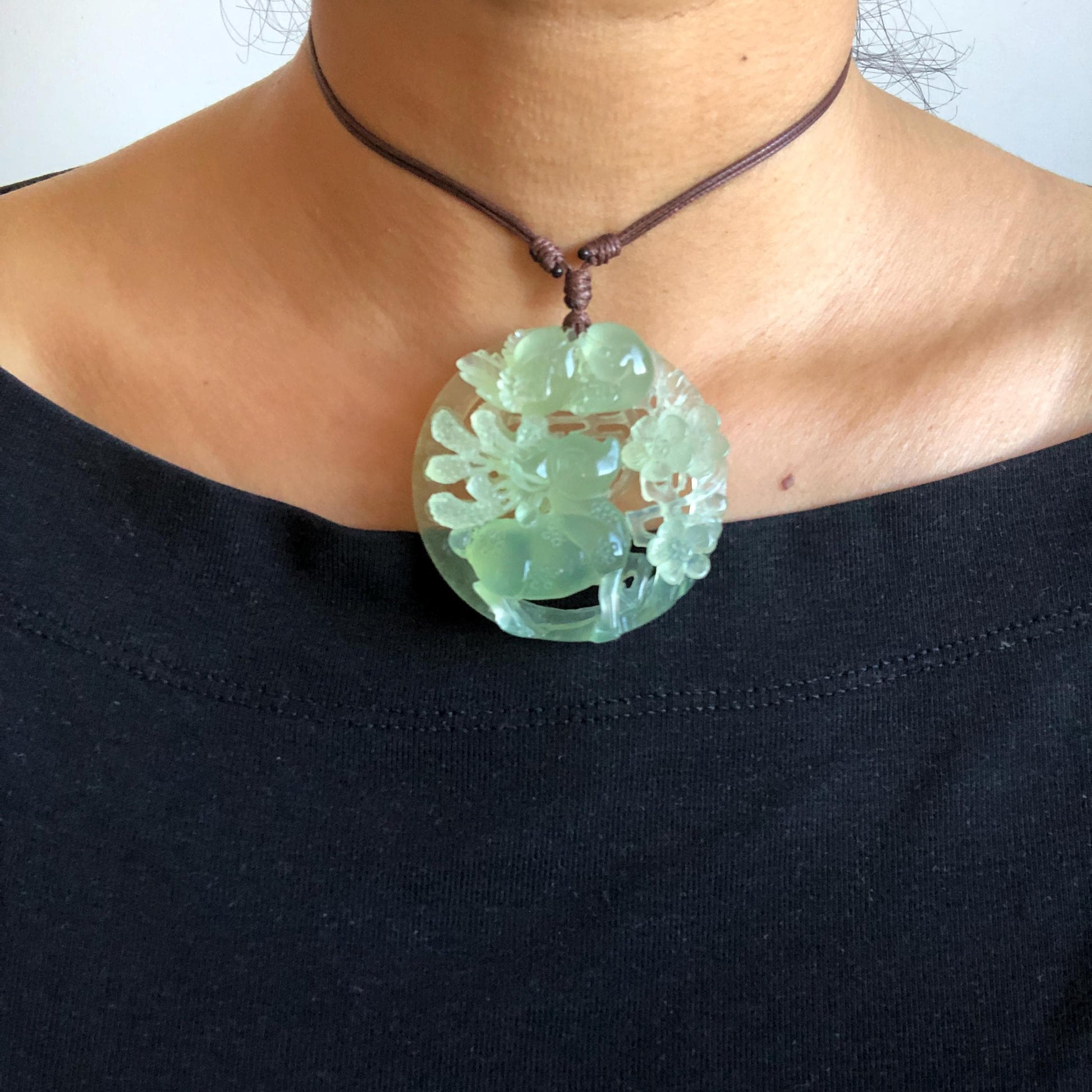 Certified Natural Xiu Jade Serpentine Hand Carved Magpie Birds Deer Flower Pendant Adjustable Necklace | Handcrafted Green Jade Charm Choker Gift for her Chinese Jade Vintage Pendant Antique Charm hand engrvaed jade necklace natural untreated jade with certificate deer carving magpie carving 3D stone carving bird carving plum blossom flower carving deer lover gift charm necklace gemstone carving wedding gift bridal shower gift