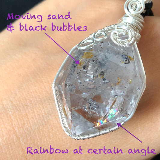 Rare Herkimer Diamond Sterling Silver Pendant Adjustable Necklace | Polished Enhydro Crystal |Big Rainbow! Moving Sand & Mica | Natural Gemstone Birthstone Gift for her  | Rainbow Quartz Rainbow crystal enhydro quartz sand water-fall pendant necklace choker gemstone charm stone pendant choker polished stone pendant crystal charm birthstone gift for her men necklace chakra crystal purify stone minerals specimen adjustable choker mica quartz mica flakes silver wire wrapped pendant