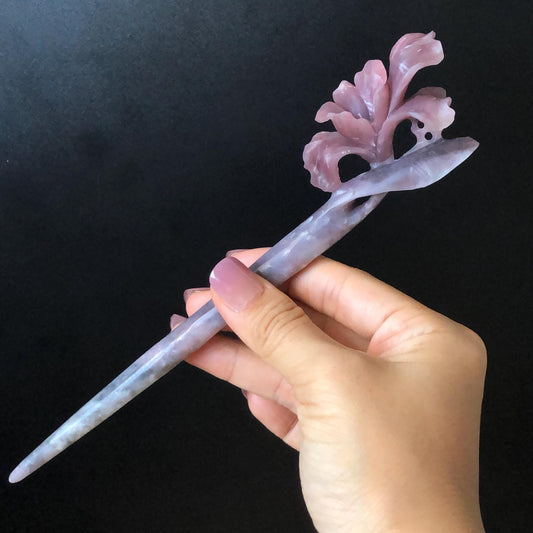 Xiu Jade Serpentine Hand Carved Iris Flower Hair Pin: Natural Black Purple Pink Jade Hair Stick, Asian Vintage Hair Fork  Asian Chinses Vintage Style Gift for her, pink jade hairpin black jade purple jade hair comb grey jade hair fork korean hair pin japanese hair stick bridal hairpin wedding hair clip hanfu hairpin mother day gift jade carving bridal headpiece wedding hair jewelry bridal shower gift hair accessory iris carving flower carving 3D stone carving