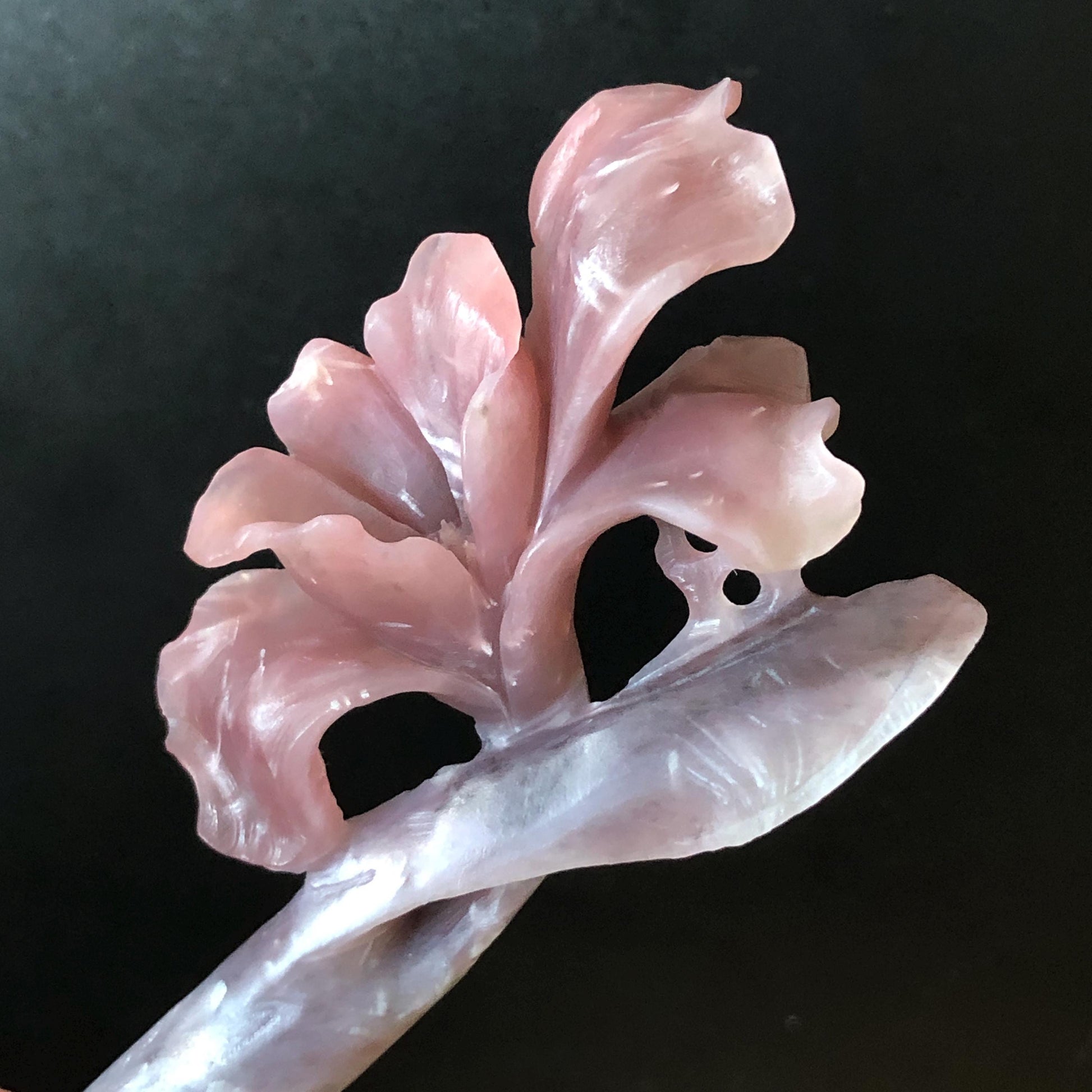 Xiu Jade Serpentine Hand Carved Iris Flower Hair Pin: Natural Black Purple Pink Jade Hair Stick, Asian Vintage Hair Fork  Asian Chinses Vintage Style Gift for her, pink jade hairpin black jade purple jade hair comb grey jade hair fork korean hair pin japanese hair stick bridal hairpin wedding hair clip hanfu hairpin mother day gift jade carving bridal headpiece wedding hair jewelry bridal shower gift hair accessory iris carving flower carving 3D stone carving
