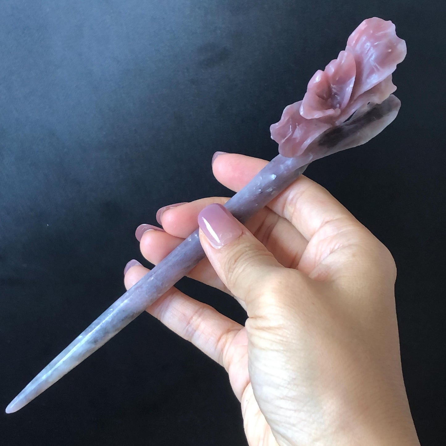 Xiu Jade Serpentine Hand Carved Iris Flower Hair Pin: Natural Black Purple Pink Jade Hair Stick, Asian Vintage Hair Fork  Asian Chinses Vintage Style Gift for her, pink jade hairpin black jade purple jade hair comb grey jade hair fork korean hair pin japanese hair stick bridal hairpin wedding hair clip hanfu hairpin mother day gift jade carving bridal headpiece wedding hair jewelry bridal shower gift hair accessory iris carving flower carving 3D stone carving