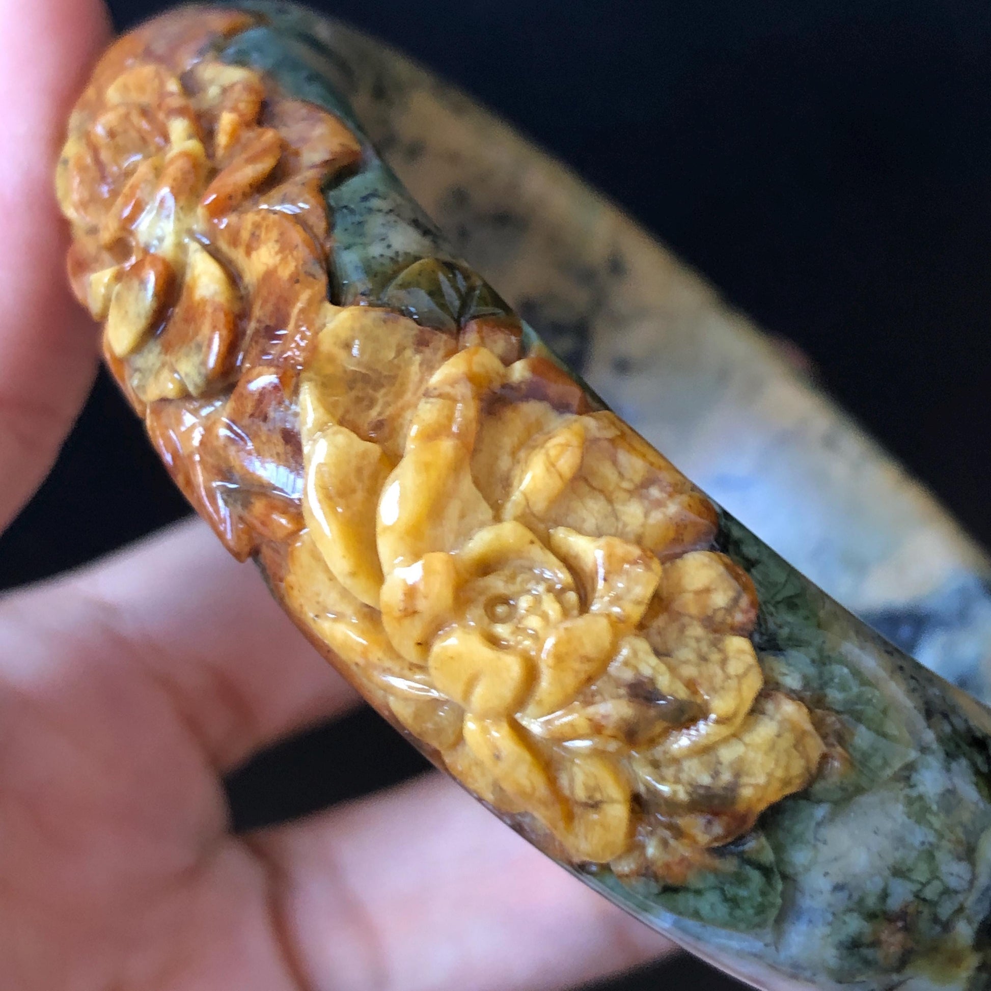 54.7mm Xiu Jade Serpentine Hand Carved Peony Flowers Bangle: Natural Brown Yellow Green Jade Handcrafted Bracelet, Stone Carving Gemstone Jewelry Gift for her wide jade bangle jade carving hand engraved stone carving natural untreated jade bracelet green jade yellow jade brown jade handcraft jade peony carving flower carving chinese jade vintage bangle antique bracelet
