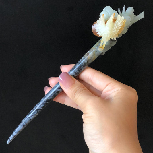 CXiu Jade Serpentine Hand Carved Crane Bird, Pine Tree & Sun Hair Pin:  Certified Natural Gray Red White Jade Hair Stick, Vintage Antique Hair Jewelry | Asian Chinese Vintage Gift for her, white jade carving red jade black jade bird carving flower carving hand carved flower hand engraved bird certificate jade certified natural untreated jade korean hairpin japanese hair stick chinese hair comb vinatge hair fork bridal hair clip wedding hair pin engagement hair stick crane carving