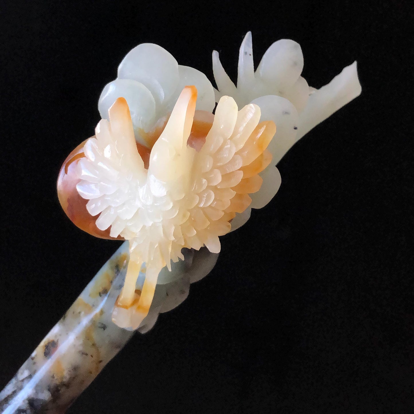 CXiu Jade Serpentine Hand Carved Crane Bird, Pine Tree & Sun Hair Pin:  Certified Natural Gray Red White Jade Hair Stick, Vintage Antique Hair Jewelry | Asian Chinese Vintage Gift for her, white jade carving red jade black jade bird carving flower carving hand carved flower hand engraved bird certificate jade certified natural untreated jade korean hairpin japanese hair stick chinese hair comb vinatge hair fork bridal hair clip wedding hair pin engagement hair stick crane carving