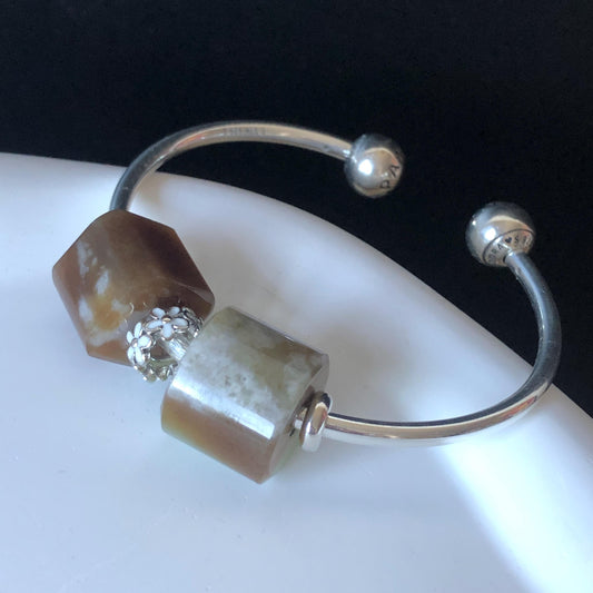 Natural Nephrite Jade Bead S925 Silver Flexible Open Bangle | Untreated White Jade Brown Jade Charm Bracelet Gift | Milk Coffee Latte Beads Pandora Bangle Pandora Bracelet Big Beaded Bracelet Jade Bead Bangle S925 Silver Bracelet Silver Bangle Chinese Jade Vintage Bangle Antique Bracelet Gift for her Flexible Bangle with movable end caps brown jade white jade