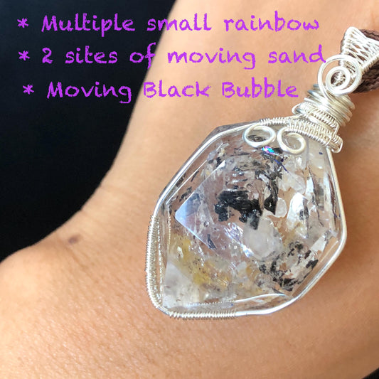 Rare Polished Enhydro Quartz (Herkimer Diamond) Wire Wrapped Pendant Adjustable Necklace | Rainbow! Moving Sand & Black Bubble | Natural Gemstone Birthstone Gift for her  | Rainbow Quartz Rainbow crystal enhydro quartz sand water-fall pendant necklace choker gemstone charm stone pendant choker polished stone pendant crystal charm birthstone gift for her men necklace chakra crystal purify stone minerals specimen adjustable choker mica quartz mica flakes silver wire wrapped pendant