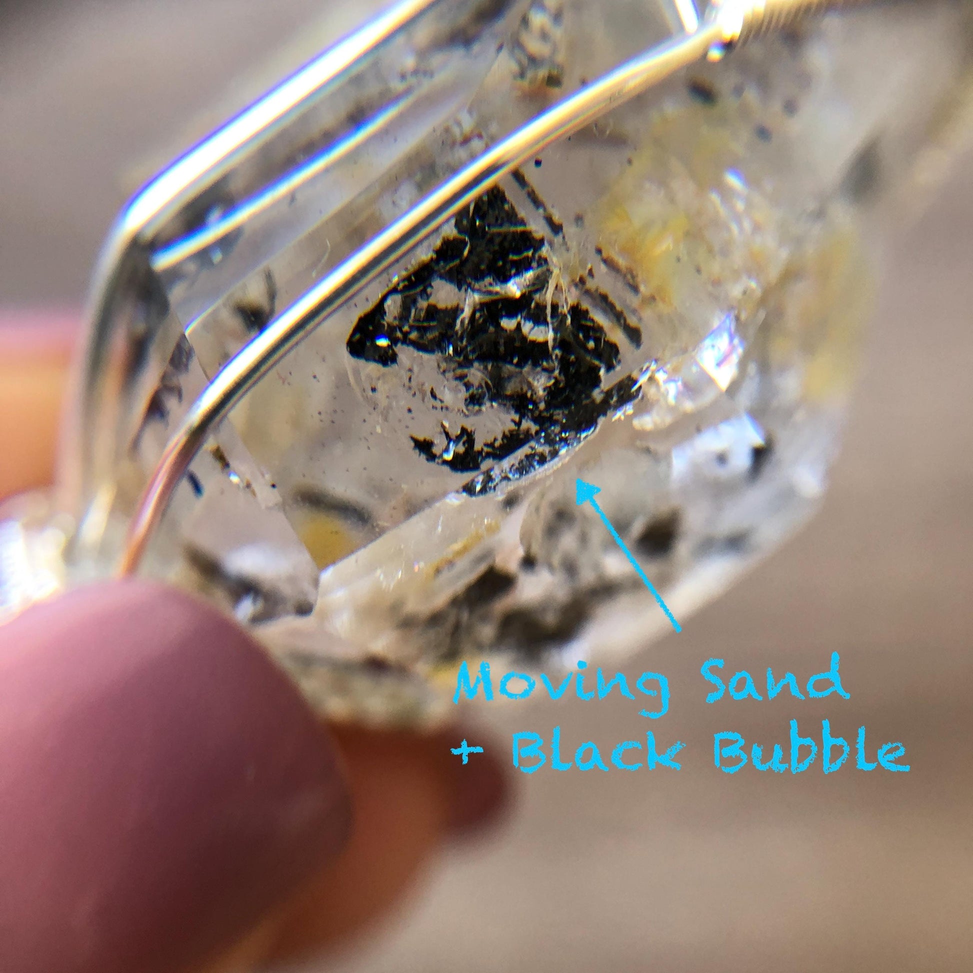 Rare Polished Enhydro Quartz (Herkimer Diamond) Wire Wrapped Pendant Adjustable Necklace | Rainbow! Moving Sand & Black Bubble | Natural Gemstone Birthstone Gift for her  | Rainbow Quartz Rainbow crystal enhydro quartz sand water-fall pendant necklace choker gemstone charm stone pendant choker polished stone pendant crystal charm birthstone gift for her men necklace chakra crystal purify stone minerals specimen adjustable choker mica quartz mica flakes silver wire wrapped pendant