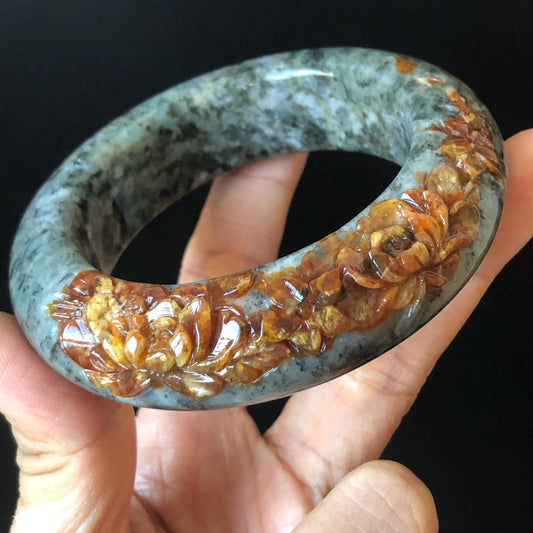 54.5mm Xiu Jade Serpentine Hand Carved Brown Peony Flowers Bangle: Natural Greenish Blue Jade Handcrafted Bracelet, Stone Carving Gemstone Jewelry 
 Gift for her wide jade bangle jade carving hand engraved stone carving natural untreated jade bracelet green jade blue jade brown jade handcraft jade peony carving flower carving chinese jade vintage bangle antique bracelet