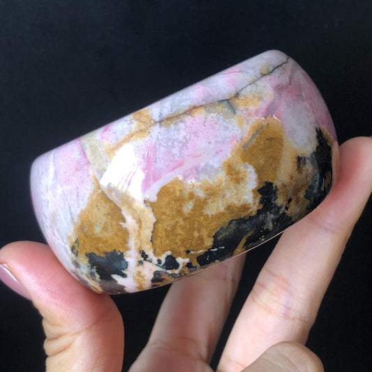 56.5mm Natural Rhodonite Stone Crystal Bangle | Dancing Flame | Golden Maple | Gold Yellow & Baby Pink Scenery Bracelet | Heart Chakra Healing Stone Gift for her, wide stone bangle, raw stone bangle, pink gemstone bracelet, pink rock bangle for women, rhodonite jewelry pink stone bangle Love Stone Meditative Stone Birthstone Bracelet Gesmstone bangle Maple Bracelet Vinatge Stone Bangle Antique Stone Bangle