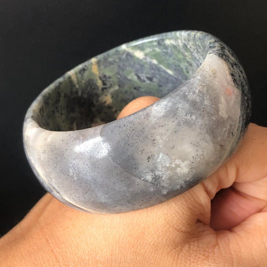 58.9mm Natural Rhodonite Stone Crystal Bangle| Gray Sesame | Ice Gray Stone & Deep Green Stone Bracelet | Heart Chakra Healing Stone Gift for her, wide stone bangle, raw stone bangle, green gemstone bracelet, green rock bangle for women, rhodonite jewelry grey stone bangle Love Stone Meditative Stone Birthstone Bracelet Gesmstone bangle Vintage Stone Bangle Antique Stone Bangle