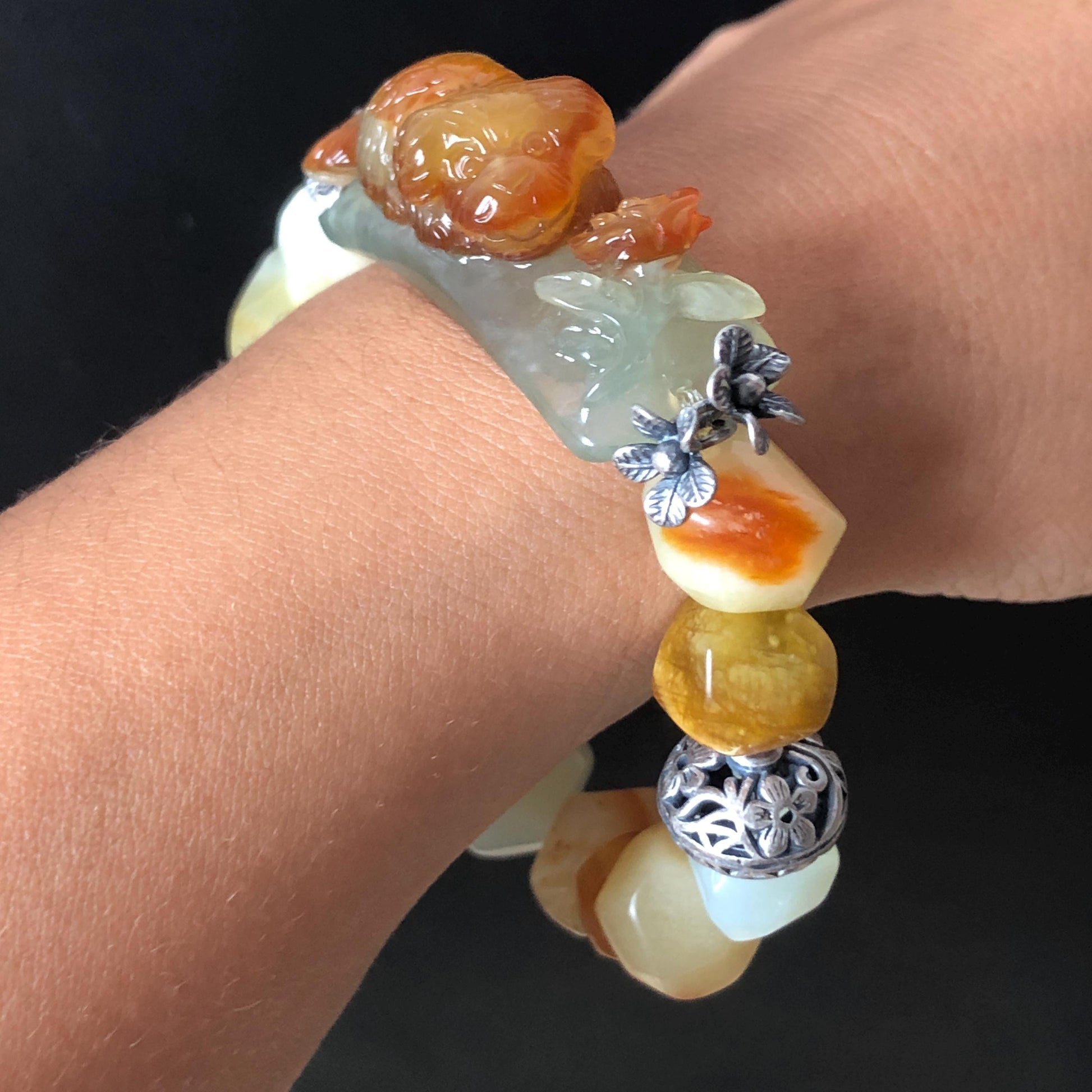 Natural Xiu Jade Serpentine Hand Carved Dog Puppy with Rose Charm with Irregular Bead Bracelet: Handcrafted Caramel Yellow & White Jade Beads with Vintage Tibetan Silver Accessory| Crystal Stone Gemstone Gift for her Multi-coloured Jade customised bracelet hand engraved jade bracelet carved charm carved pendant dog carving puppy bracelet yellow jade brown jade white jade red jade silver bracelet tailor made bracelet personalised diy bracelet untreated jade elastic stretch bracelet dog lover gift