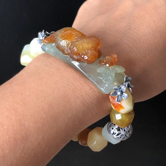 Natural Xiu Jade Serpentine Hand Carved Dog Puppy with Rose Charm with Irregular Bead Bracelet: Handcrafted Caramel Yellow & White Jade Beads with Vintage Tibetan Silver Accessory| Crystal Stone Gemstone Gift for her Multi-coloured Jade customised bracelet hand engraved jade bracelet carved charm carved pendant dog carving puppy bracelet yellow jade brown jade white jade red jade silver bracelet tailor made bracelet personalised diy bracelet untreated jade elastic stretch bracelet dog lover gift