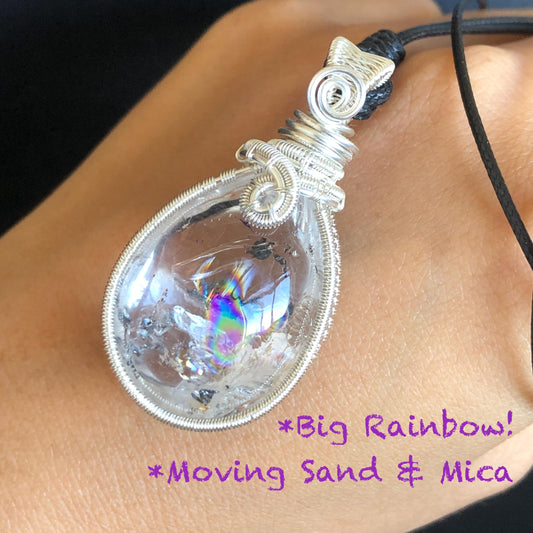 Rare Herkimer Diamond Sterling Silver Pendant Adjustable Necklace | Polished Enhydro Crystal |Big Rainbow! Moving Sand & Mica | Natural Gemstone Birthstone Gift for her  | Rainbow Quartz Rainbow crystal enhydro quartz sand water-fall pendant necklace choker gemstone charm stone pendant choker polished stone pendant crystal charm birthstone gift for her men necklace chakra crystal purify stone minerals specimen adjustable choker mica quartz mica flakes silver wire wrapped pendant