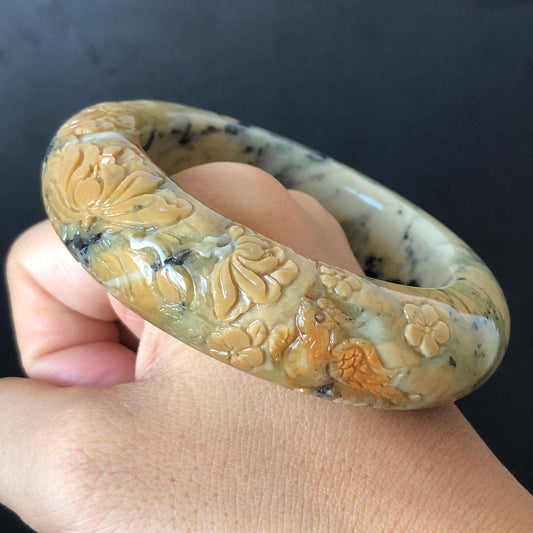 54.7mm Xiu Jade Serpentine Hand Carved Peony Flowers ＆ Bird Jade Bangle: Natural Yellow Green Jade Handcrafted Bracelet, Stone Carving Gemstone Jewelry Gift for her wide jade bangle jade carving hand engraved stone carving natural untreated jade bracelet green jade yellow jade handcraft jade peony carving flower carving chinese jade vintage bangle antique bracelet bird carving bird lover gift