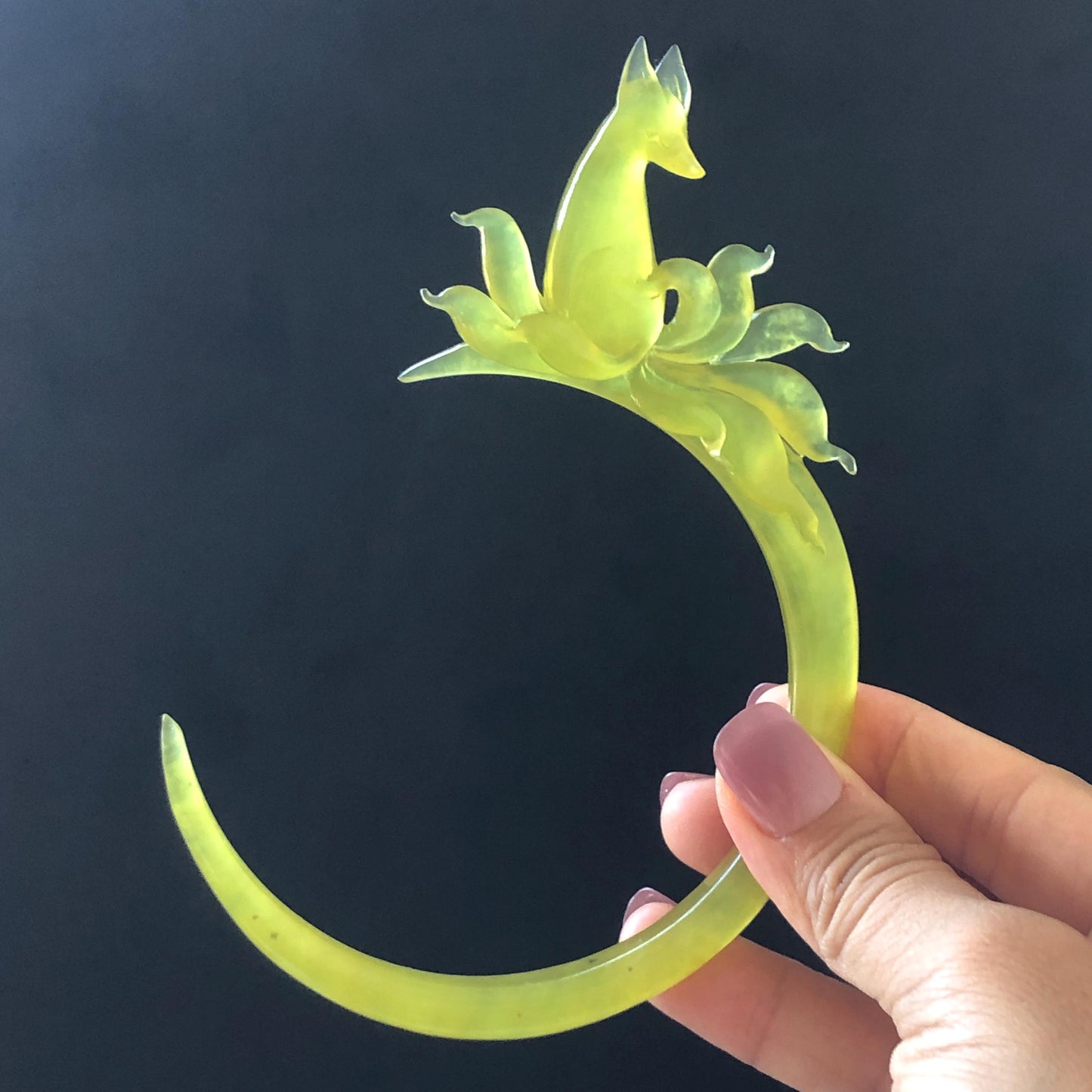 Certified Xiu Jade (Serpentine) Hand Carved Nine tailed fox Hair Pin | Golden Yellow Jade Crescent Moon Hair Stick | Asian Chinese Vintage hair clip Asian Chinese Jade hair comb japanese hairpins koran hair stick hanfu hair pin hair comb hair fork antique hair stick certified jade carving hand carved yellow jade hand engraved jade gift for her bridal shower hair clip wedding hair jewelry half moon hair pins handcrafted jade hair stick fox carving fox lover gift