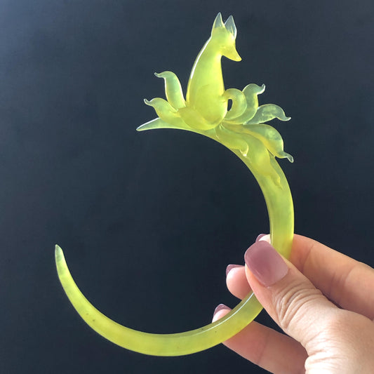 Certified Xiu Jade (Serpentine) Hand Carved Nine tailed fox Hair Pin | Golden Yellow Jade Crescent Moon Hair Stick | Asian Chinese Vintage hair clip Asian Chinese Jade hair comb japanese hairpins koran hair stick hanfu hair pin hair comb hair fork antique hair stick certified jade carving hand carved yellow jade hand engraved jade gift for her bridal shower hair clip wedding hair jewelry half moon hair pins handcrafted jade hair stick fox carving fox lover gift