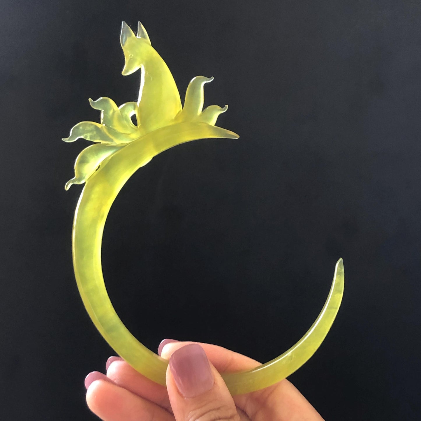 Certified Xiu Jade (Serpentine) Hand Carved Nine tailed fox Hair Pin | Golden Yellow Jade Crescent Moon Hair Stick | Asian Chinese Vintage hair clip Asian Chinese Jade hair comb japanese hairpins koran hair stick hanfu hair pin hair comb hair fork antique hair stick certified jade carving hand carved yellow jade hand engraved jade gift for her bridal shower hair clip wedding hair jewelry half moon hair pins handcrafted jade hair stick fox carving fox lover gift