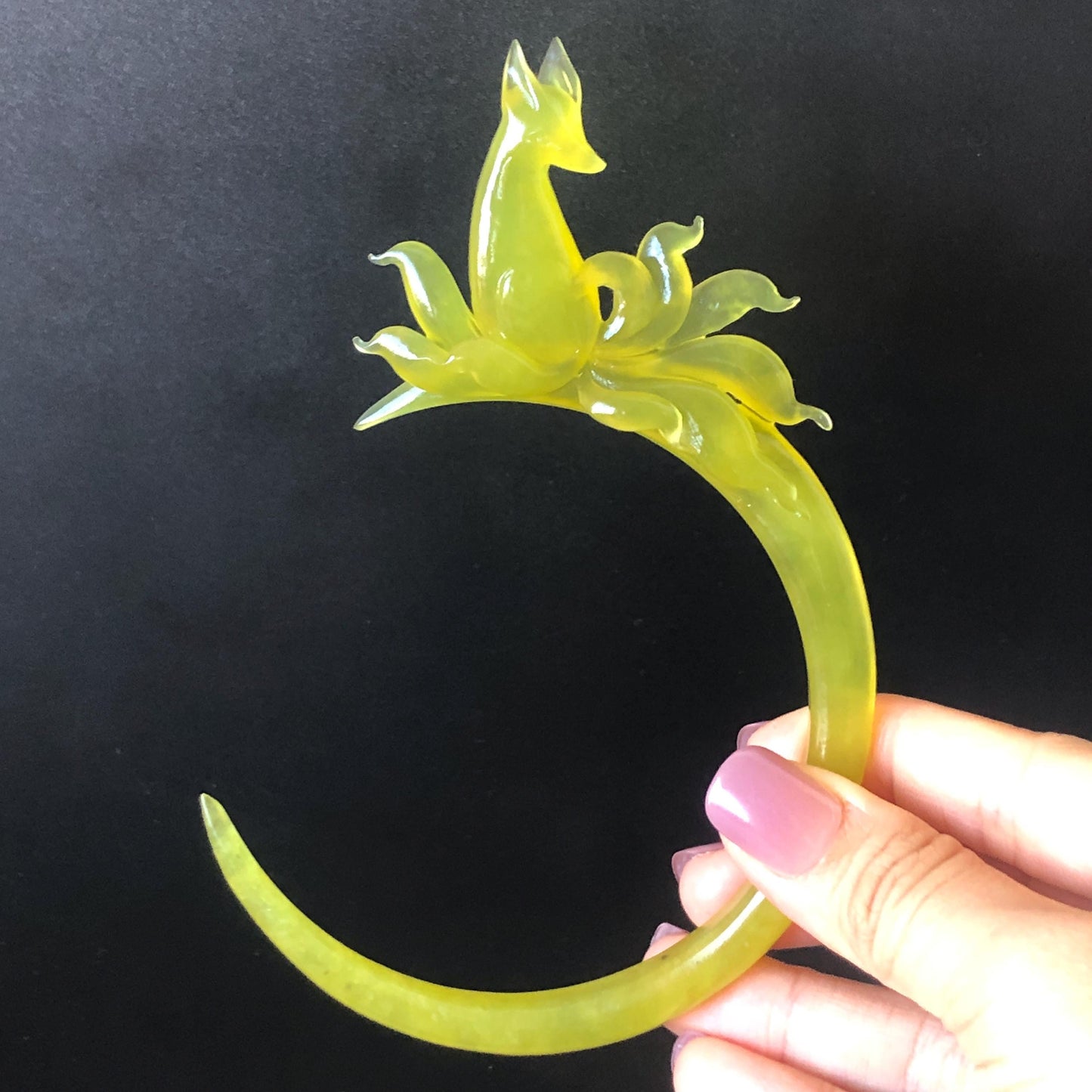 Certified Xiu Jade (Serpentine) Hand Carved Nine tailed fox Hair Pin | Golden Yellow Jade Crescent Moon Hair Stick | Asian Chinese Vintage hair clip Asian Chinese Jade hair comb japanese hairpins koran hair stick hanfu hair pin hair comb hair fork antique hair stick certified jade carving hand carved yellow jade hand engraved jade gift for her bridal shower hair clip wedding hair jewelry half moon hair pins handcrafted jade hair stick fox carving fox lover gift