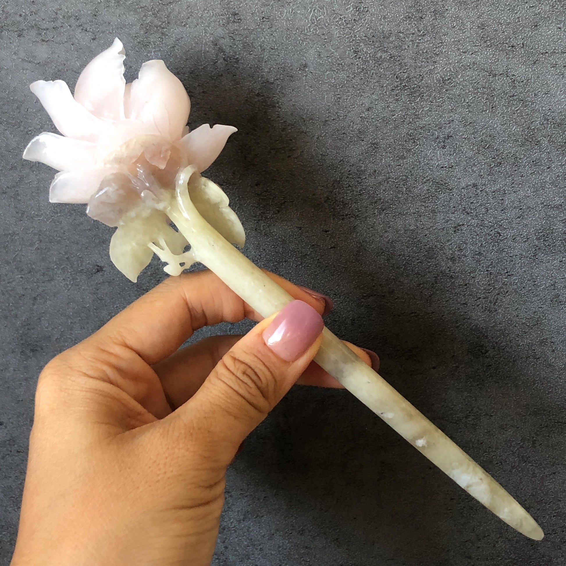 Natural Xiu Jade Serpentine Hand Carved Pink Peony Flower Hair Pin | Pink Jade Green Jade Handcrafted Hair Stick | Asian Vintage Hair Fork | Gift for her hand engraved peony carving flower carving pink jade green jade carving chinese hair fork japanese hair stick korean hair pin vintage hair comb bridal hair clip wedding headpiece bridal shower gift hairpins 3D carving natural untreated jade engagement hair jewelry handcrafted jade antique jade hair stick