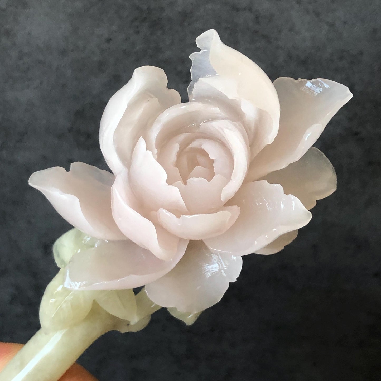 Natural Xiu Jade Serpentine Hand Carved Pink Peony Flower Hair Pin | Pink Jade Green Jade Handcrafted Hair Stick | Asian Vintage Hair Fork | Gift for her hand engraved peony carving flower carving pink jade green jade carving chinese hair fork japanese hair stick korean hair pin vintage hair comb bridal hair clip wedding headpiece bridal shower gift hairpins 3D carving natural untreated jade engagement hair jewelry handcrafted jade antique jade hair stick