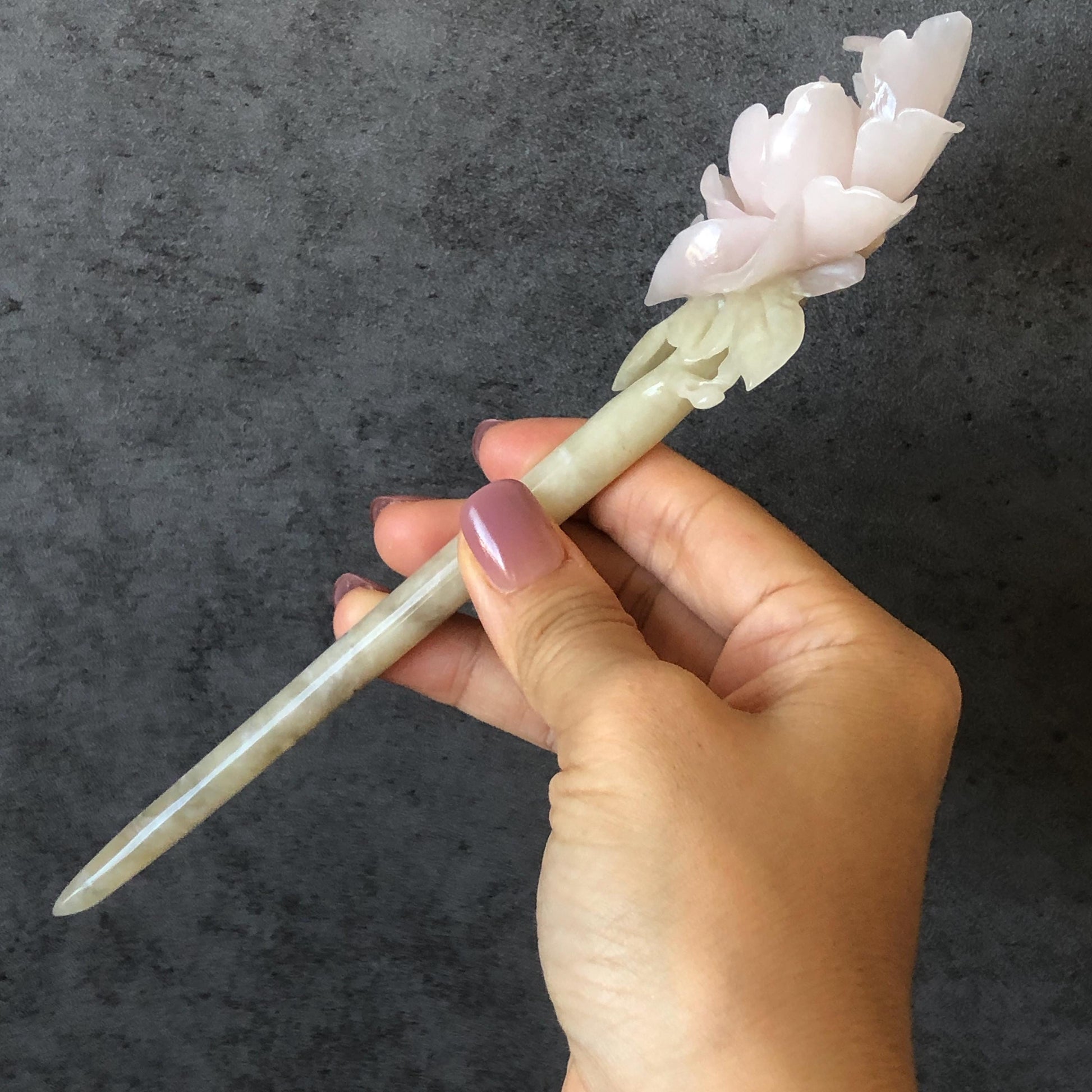 Natural Xiu Jade Serpentine Hand Carved Pink Peony Flower Hair Pin | Pink Jade Green Jade Handcrafted Hair Stick | Asian Vintage Hair Fork | Gift for her hand engraved peony carving flower carving pink jade green jade carving chinese hair fork japanese hair stick korean hair pin vintage hair comb bridal hair clip wedding headpiece bridal shower gift hairpins 3D carving natural untreated jade engagement hair jewelry handcrafted jade antique jade hair stick