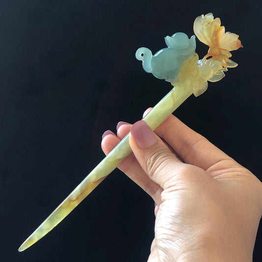 Xiu Jade Serpentine Hand Carved Cat Kitten with Butterfly Hair Pin | Natural Certified Yellow & Blue Jade Handcrafted Flower Hair Stick | Cat Lover Gift for her blue jade yellow jade brown jade carving frosty blue jade sky blue jade cat carving kitten carving hand engraved cat hair stick hand carved kitten hairpins japanese hair clip korean hair fork vintage hair comb hanfu hair pins untreated jade with certificate butterfly carving butterfly hair stick flower carving 3D stone carving