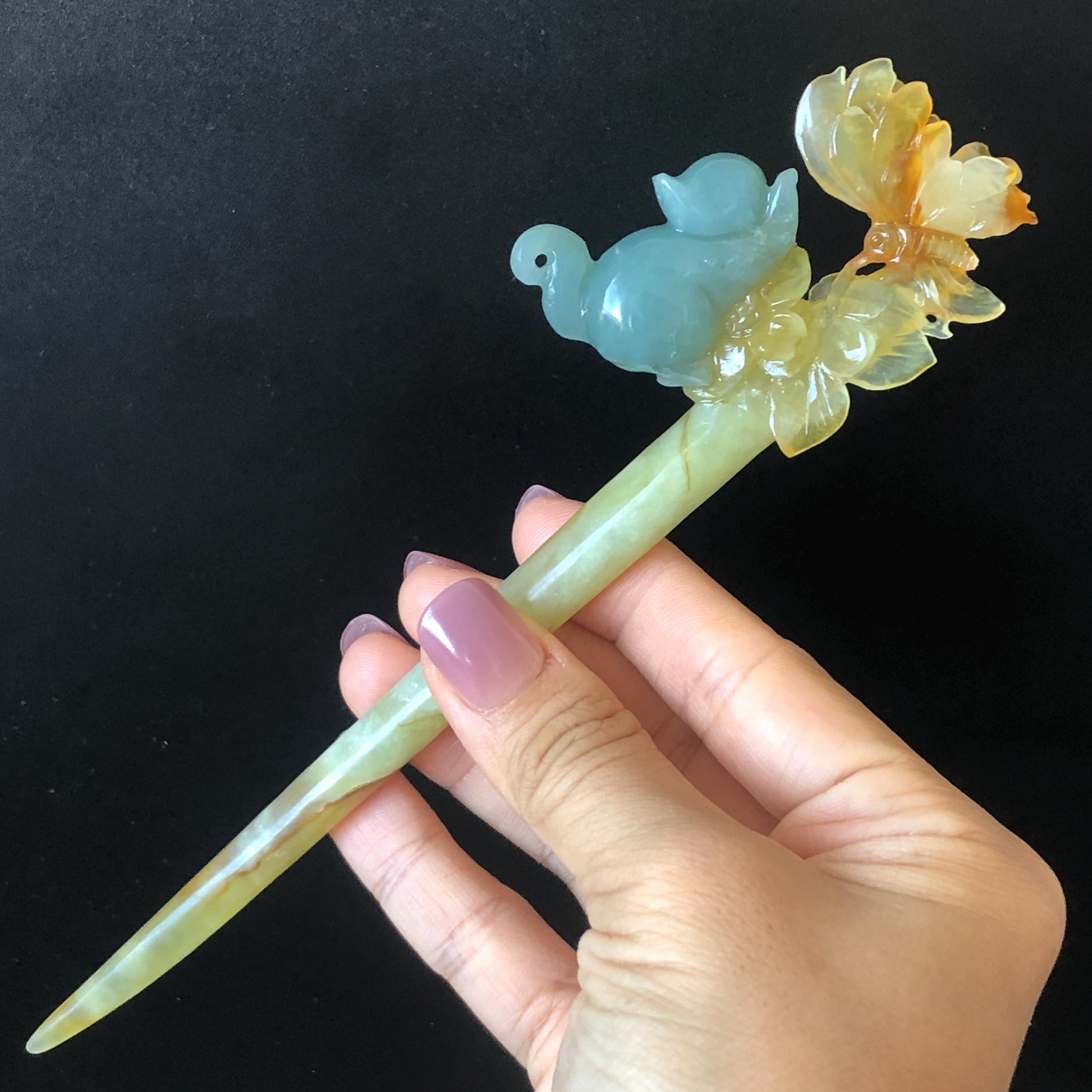 Xiu Jade Serpentine Hand Carved Cat Kitten with Butterfly Hair Pin | Natural Certified Yellow & Blue Jade Handcrafted Flower Hair Stick | Cat Lover Gift for her blue jade yellow jade brown jade carving frosty blue jade sky blue jade cat carving kitten carving hand engraved cat hair stick hand carved kitten hairpins japanese hair clip korean hair fork vintage hair comb hanfu hair pins untreated jade with certificate butterfly carving butterfly hair stick flower carving 3D stone carving