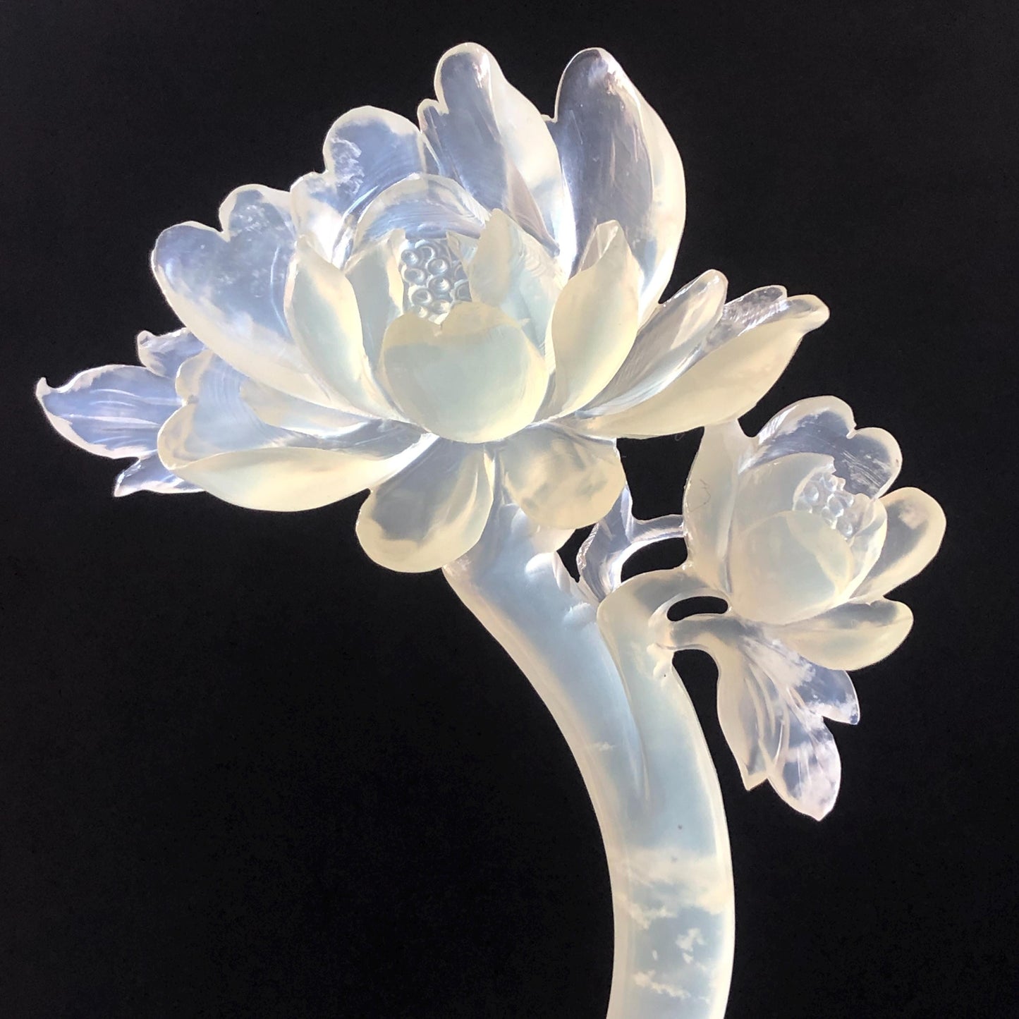 Xiu Jade Serpentine Hand Carved Peony Flower Hair Pin | Certified Natural Ice White Jade Crescent Moon Hair Stick | Handcrafted Hair Fork Bridal Wedding Headpiece gift for her japanese hairpin korean hair stick chinese hair fork vintage hair comb antique hair pins hanfu hair stick bridal shower hair jewelry wedding headpiece bridal shower gift engagement hair accessory jade carving hand engraved jade hand carved flower jade hairpins untreated natural jade certificate handcraft jade moon hairpin