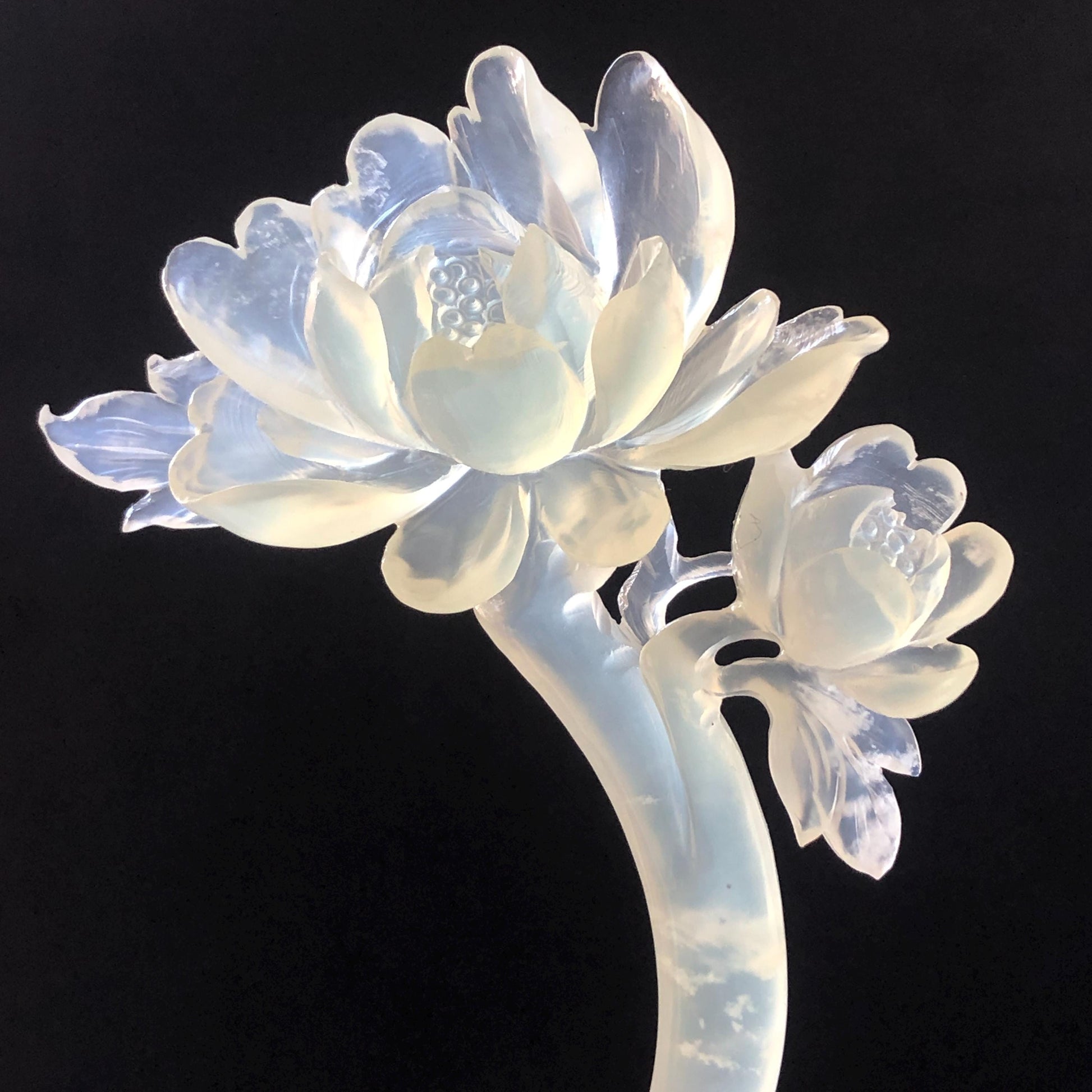 Xiu Jade Serpentine Hand Carved Peony Flower Hair Pin | Certified Natural Ice White Jade Crescent Moon Hair Stick | Handcrafted Hair Fork Bridal Wedding Headpiece gift for her japanese hairpin korean hair stick chinese hair fork vintage hair comb antique hair pins hanfu hair stick bridal shower hair jewelry wedding headpiece bridal shower gift engagement hair accessory jade carving hand engraved jade hand carved flower jade hairpins untreated natural jade certificate handcraft jade moon hairpin